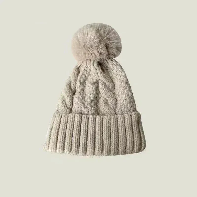 New Winter Knitting Solid Color Hat For Women Fur Pompom Thick Plush Beanie Cap Ladies Warm Ski Snow Skullies Beanies