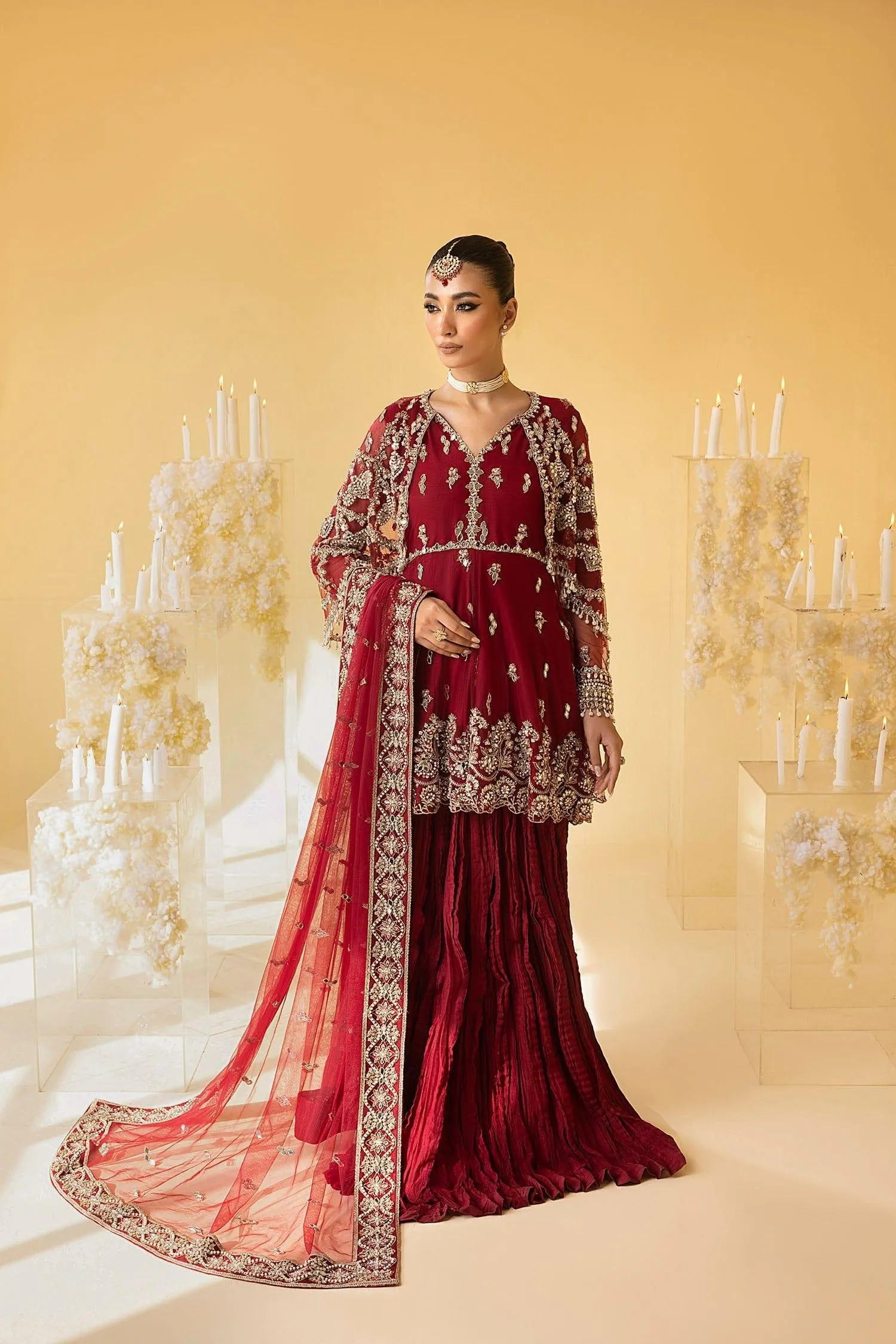 Nuriyaa - SCARLET - Lehnga - Barn Red - 3 Piece Net & Cotton Silk