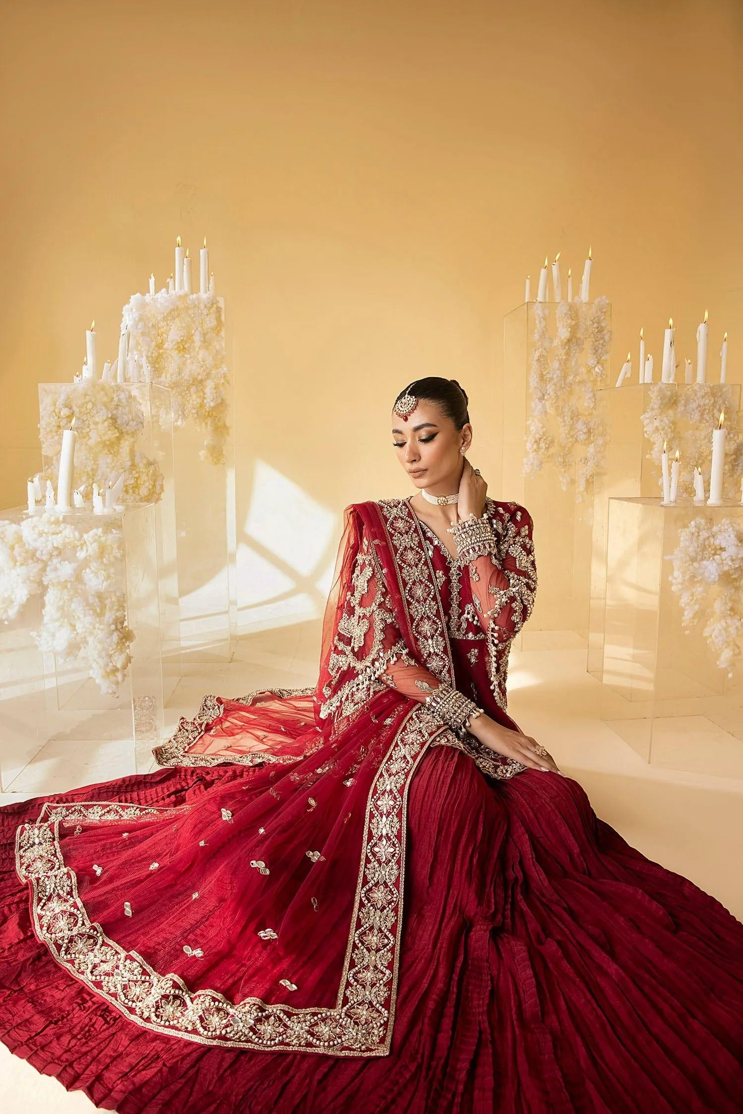 Nuriyaa - SCARLET - Lehnga - Barn Red - 3 Piece Net & Cotton Silk