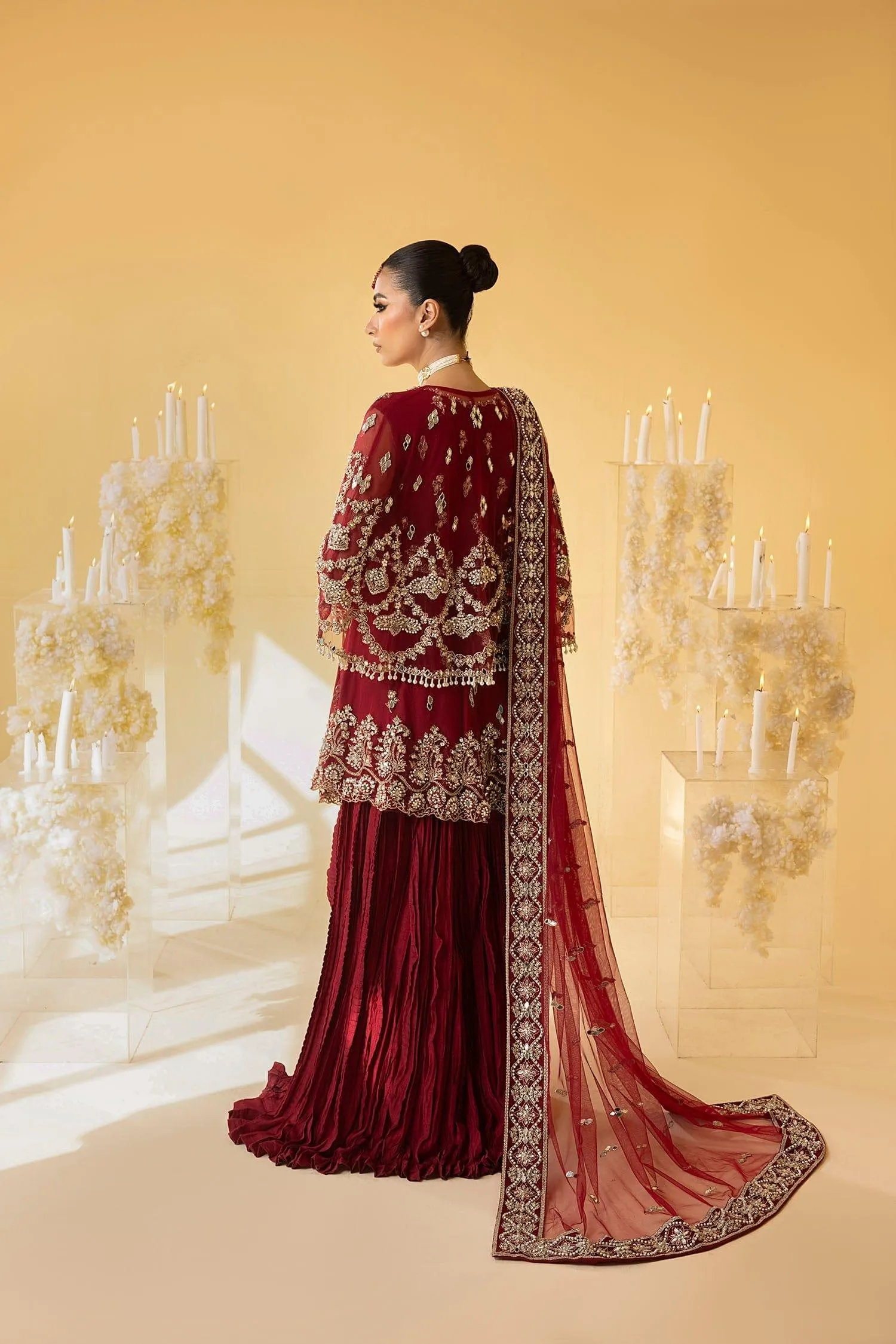 Nuriyaa - SCARLET - Lehnga - Barn Red - 3 Piece Net & Cotton Silk