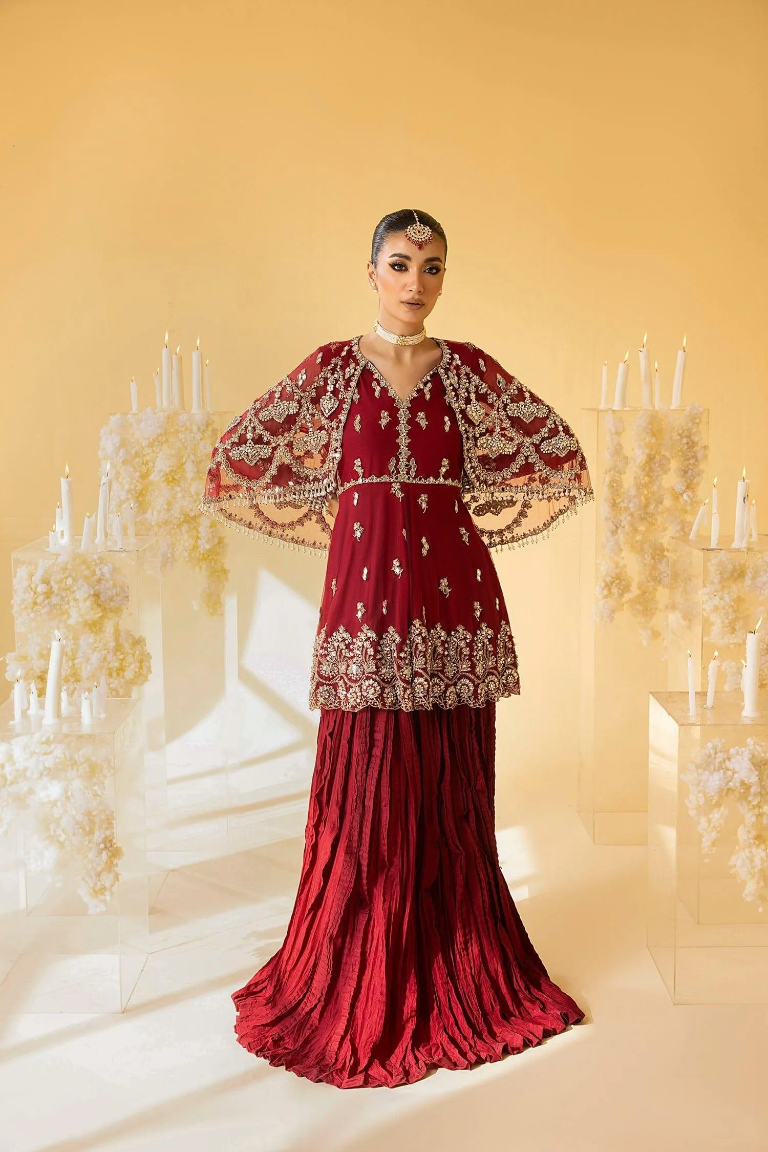 Nuriyaa - SCARLET - Lehnga - Barn Red - 3 Piece Net & Cotton Silk