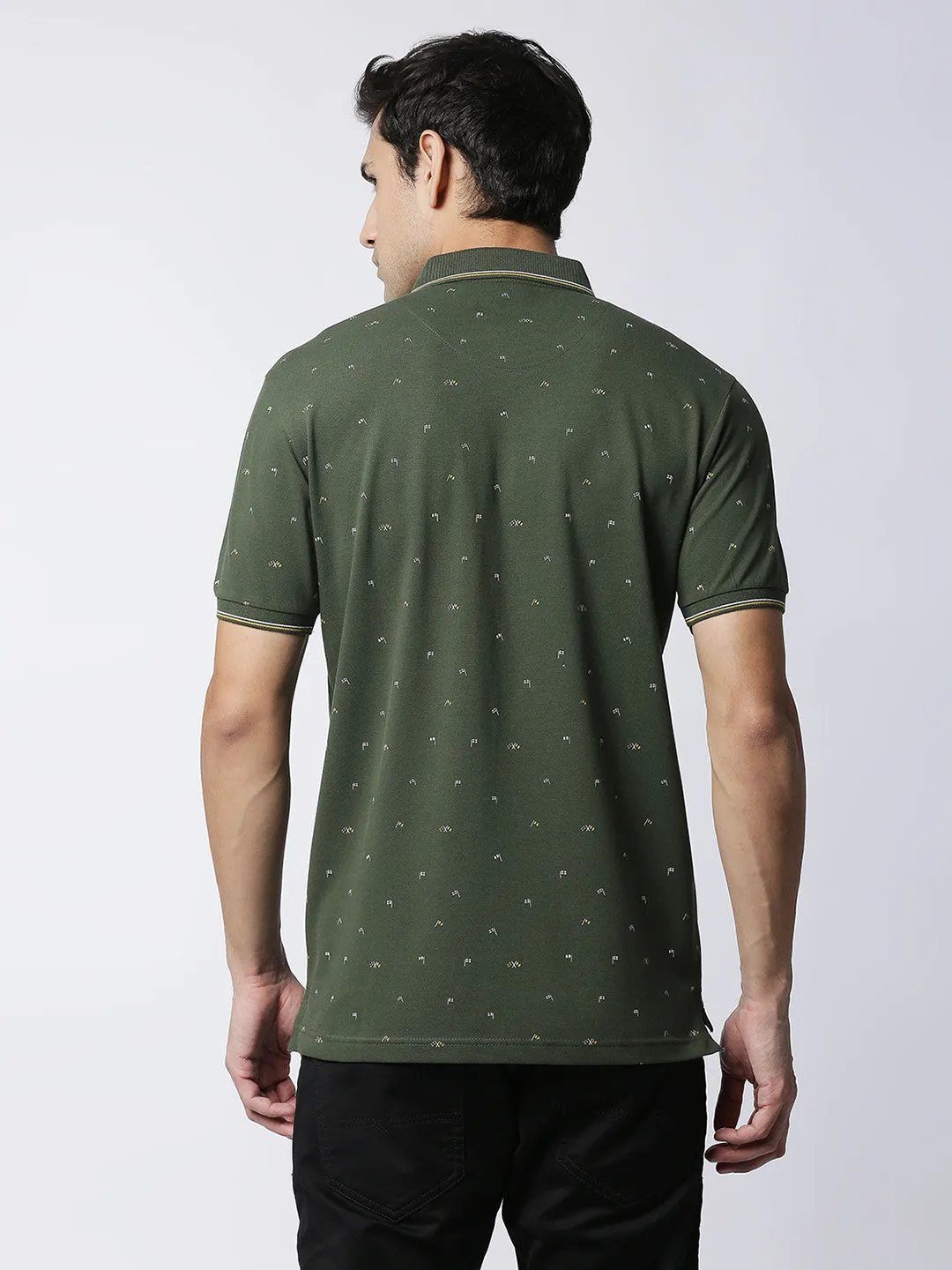 Olive Cotton Lycra Printed Polo T-shirt