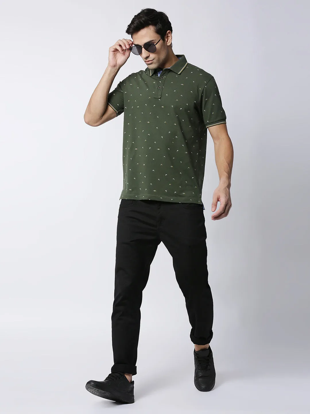 Olive Cotton Lycra Printed Polo T-shirt