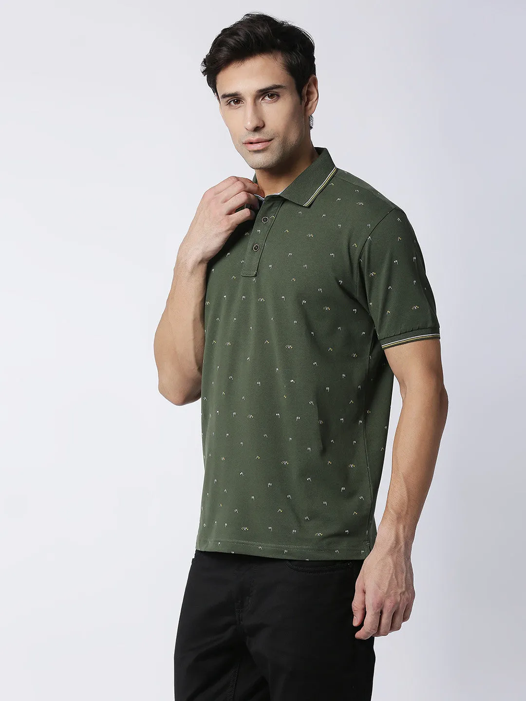 Olive Cotton Lycra Printed Polo T-shirt