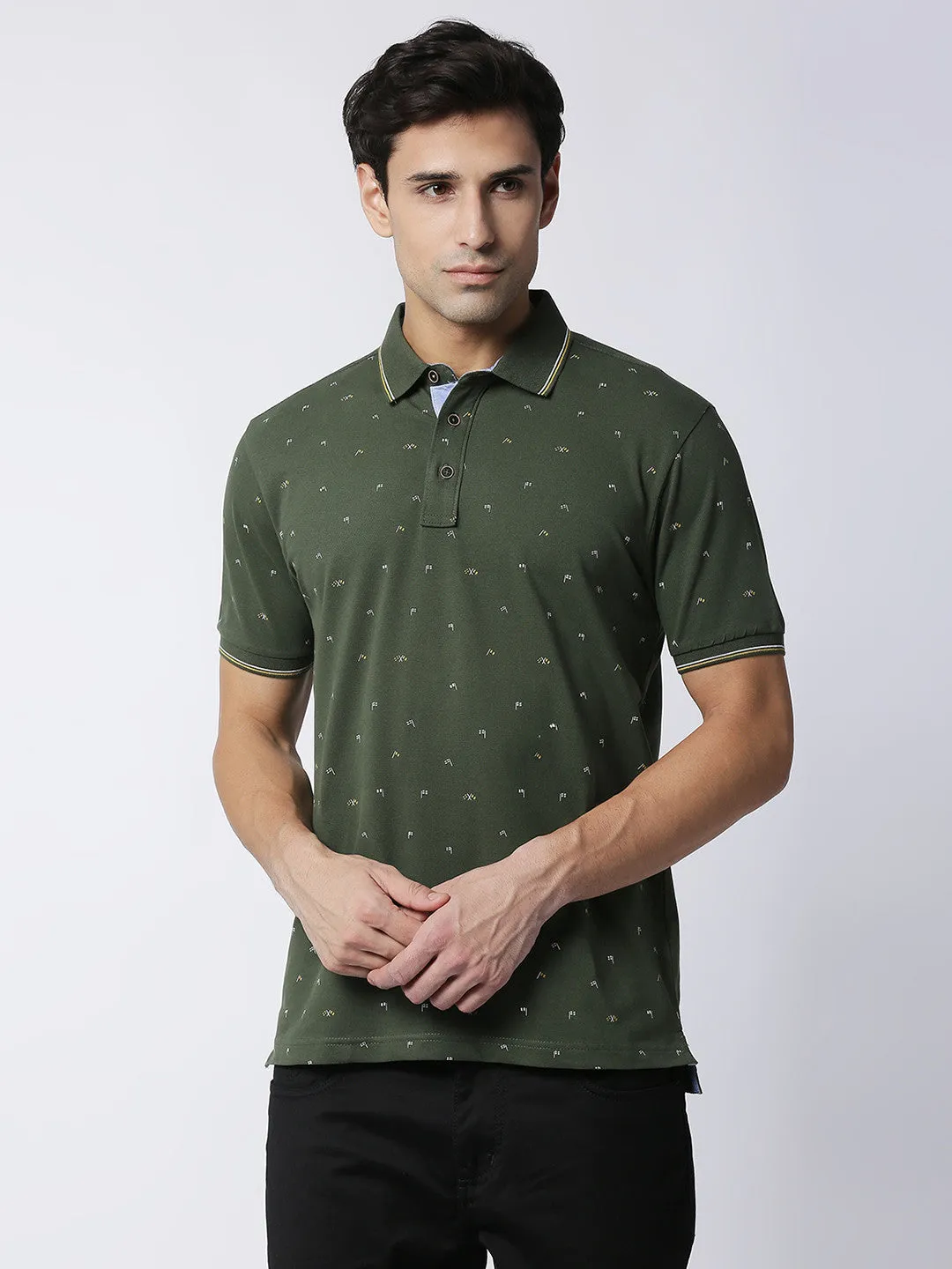 Olive Cotton Lycra Printed Polo T-shirt