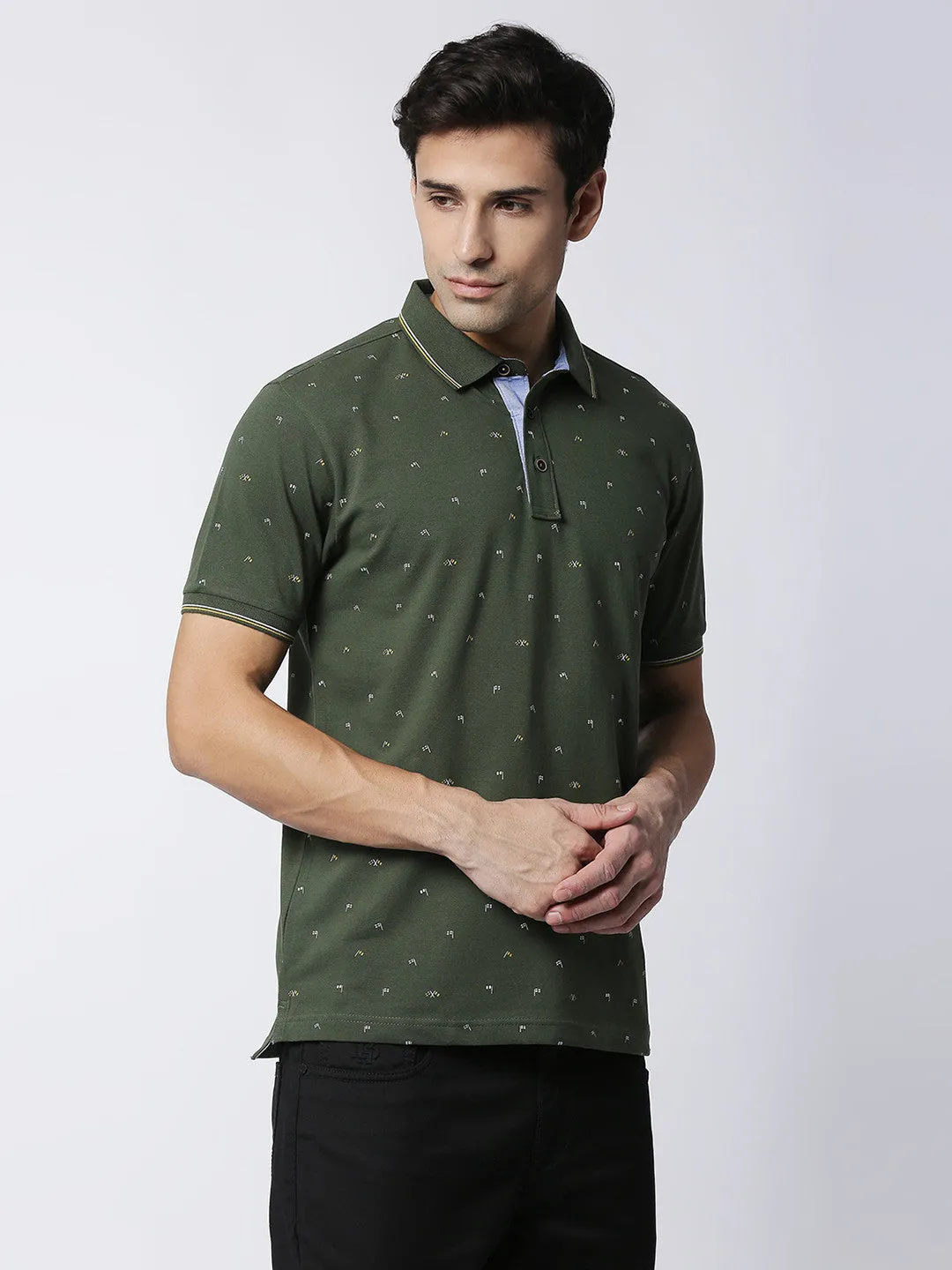 Olive Cotton Lycra Printed Polo T-shirt