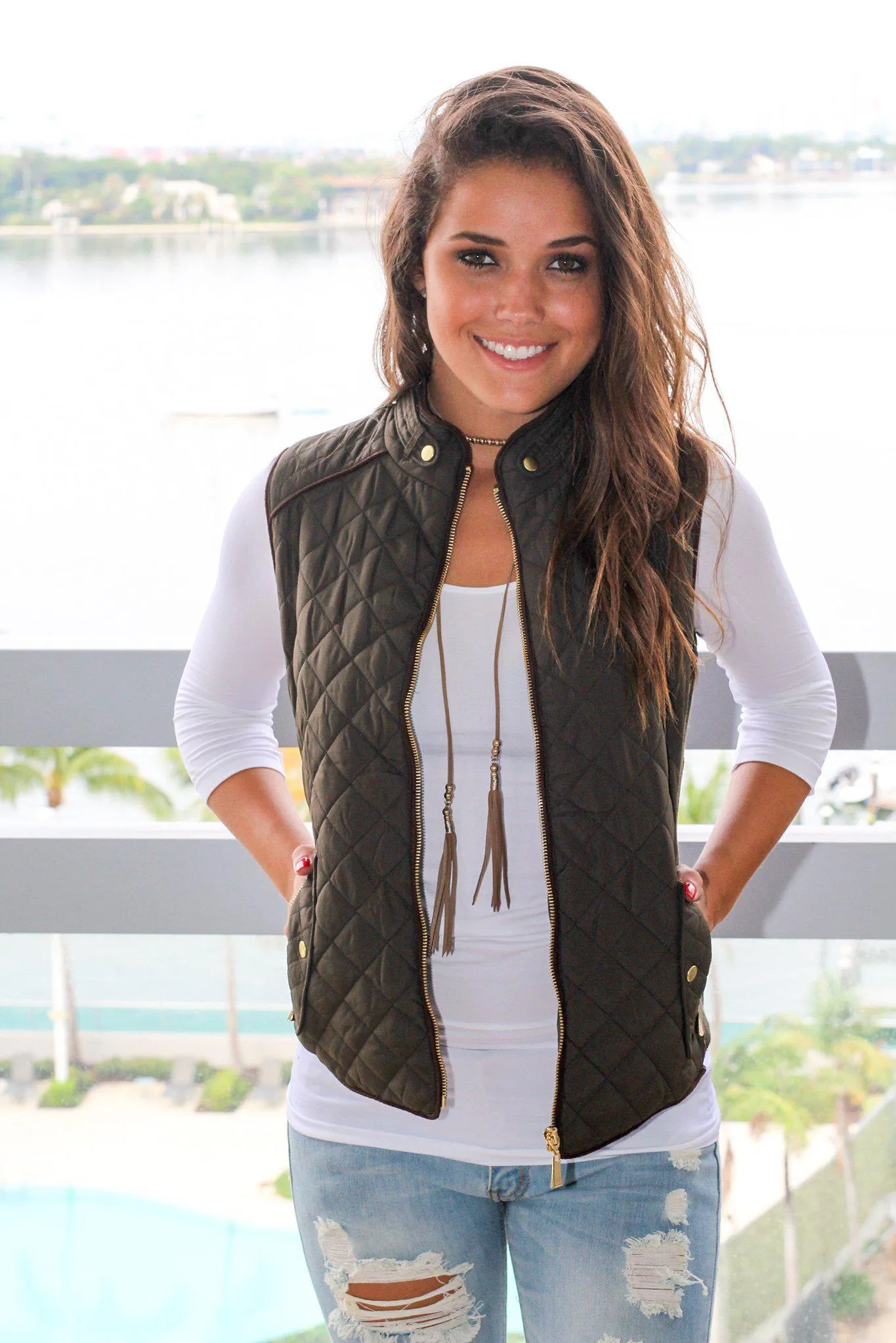 Olive Quilted Vest With Pockets