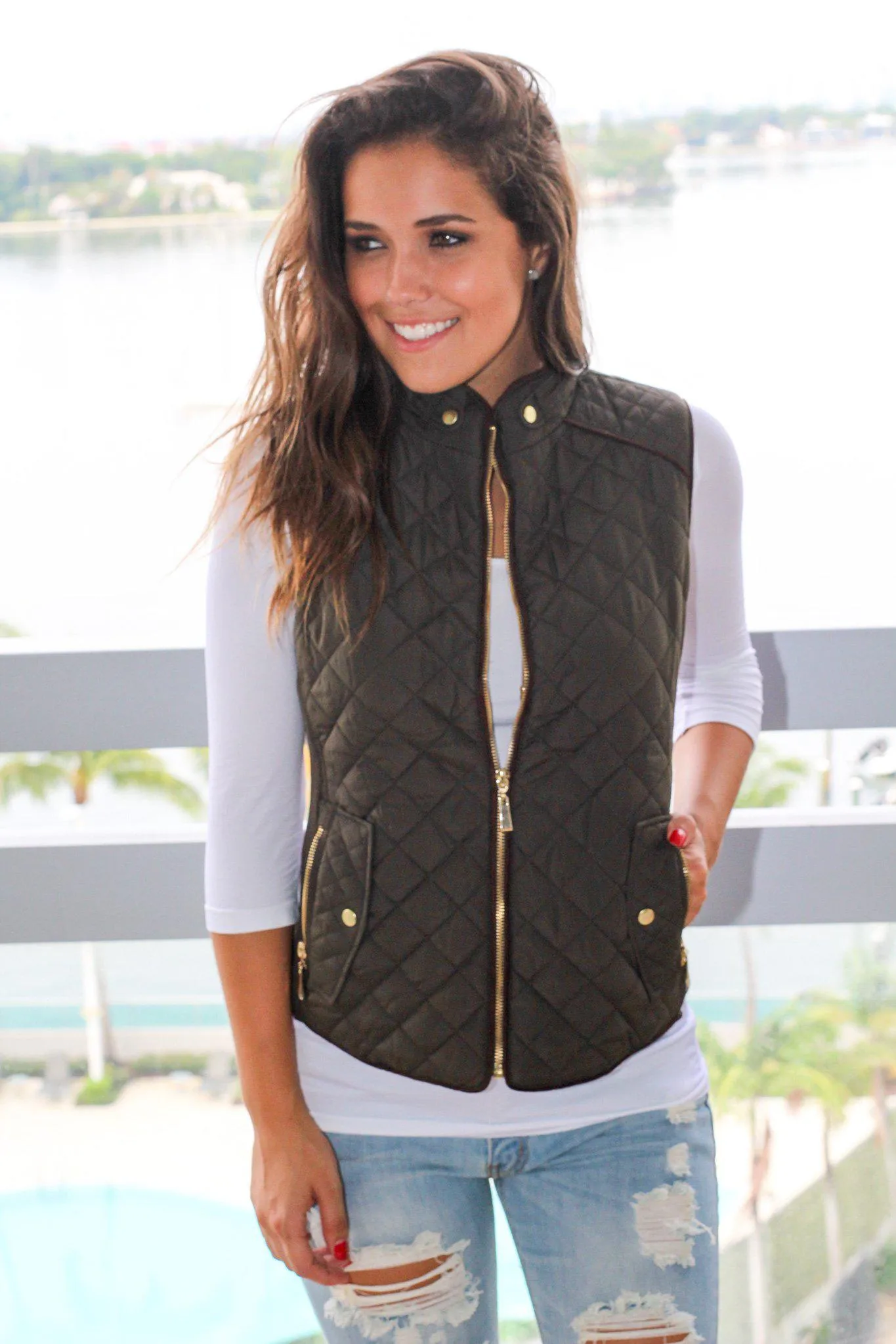 Olive Quilted Vest With Pockets