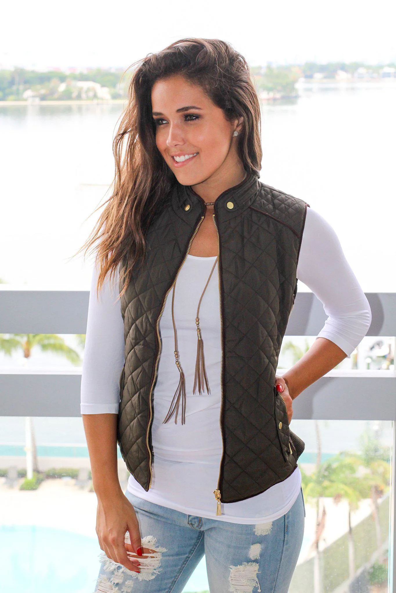 Olive Quilted Vest With Pockets