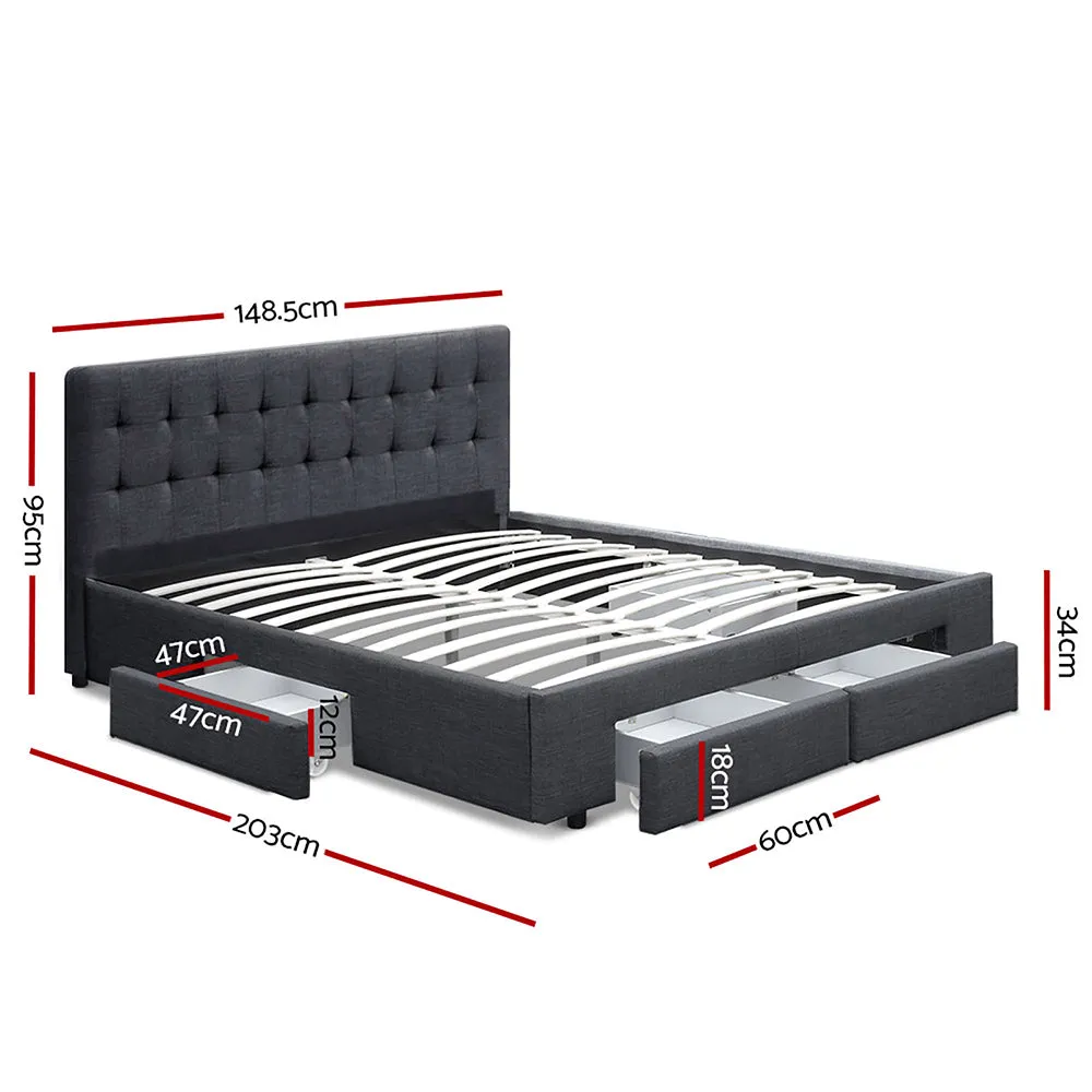 Padded Double Bed Frame w/ 4 Storage Drawers, Steel Frame Artiss