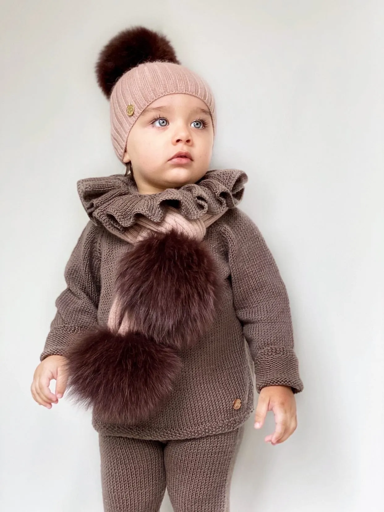 Petite Maison Kids Misha Ribbed Angora Hat - Brown Pom