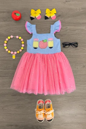 Pink Striped Apple & Pencil Tutu Dress