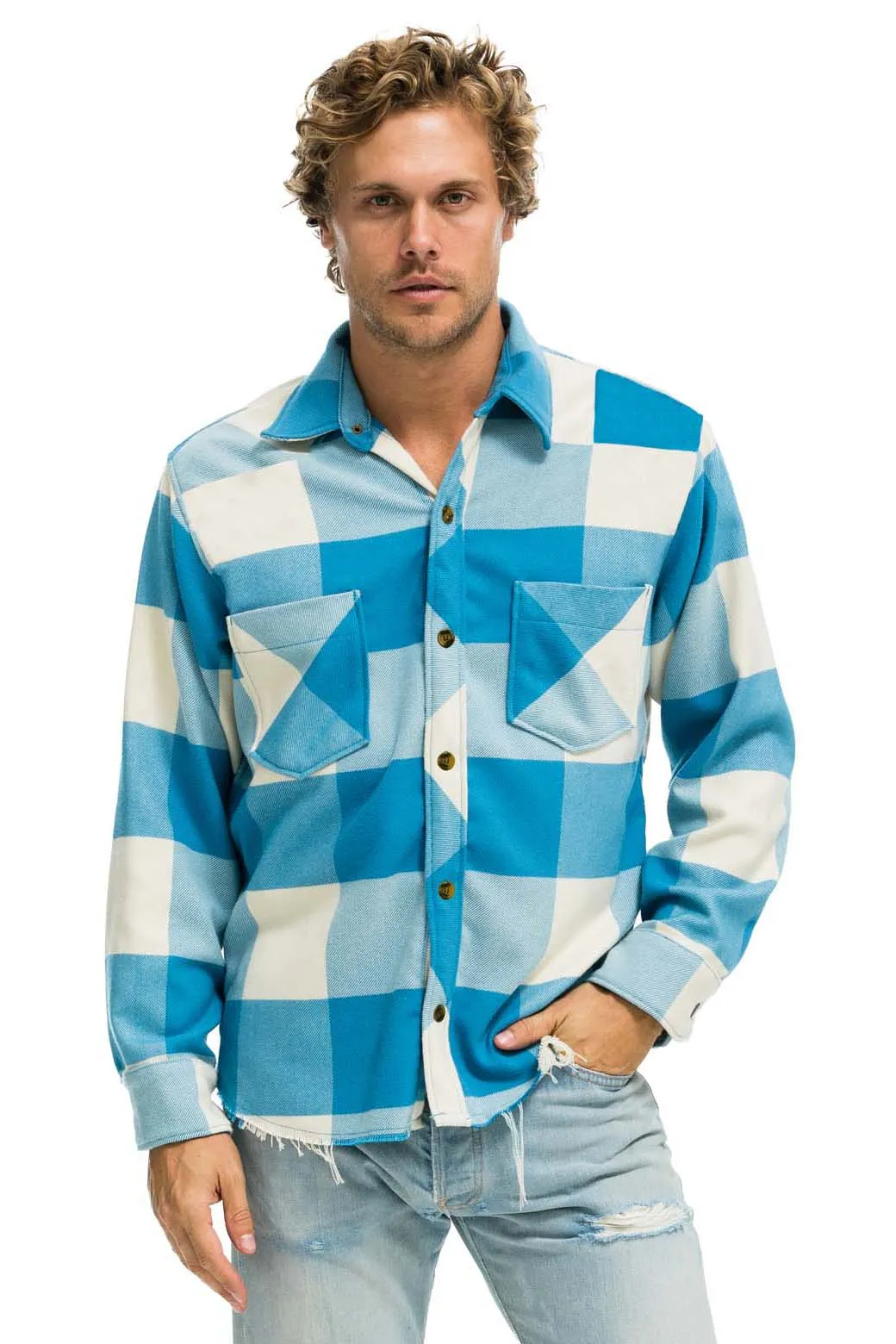 PLAID FLANNEL LIGHT WEIGHT UNISEX WESTERN SHIRT - SKY PLAID