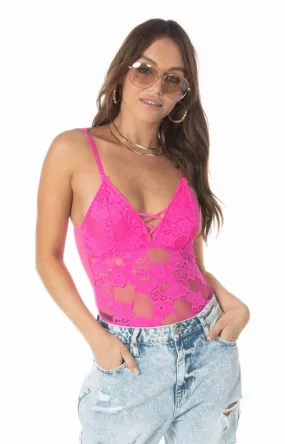 Plumeria Neon Pink Lace Bodysuit