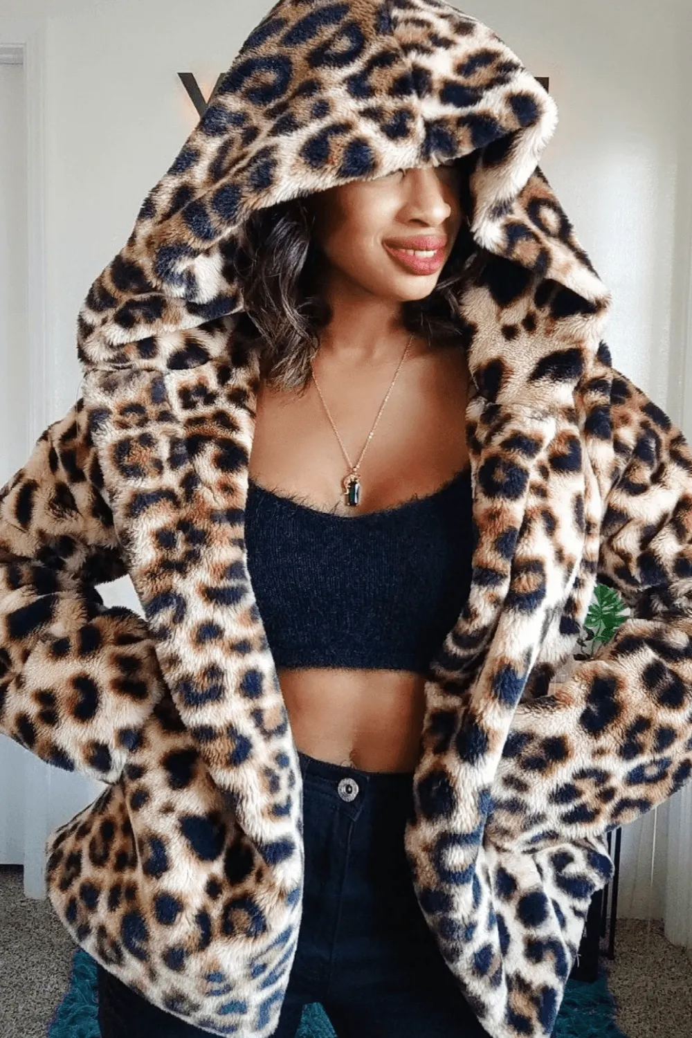 Plush Faux Fur Leopard Print Coat