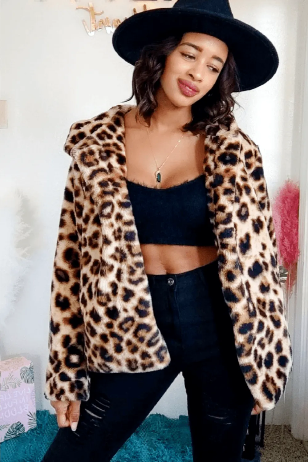 Plush Faux Fur Leopard Print Coat