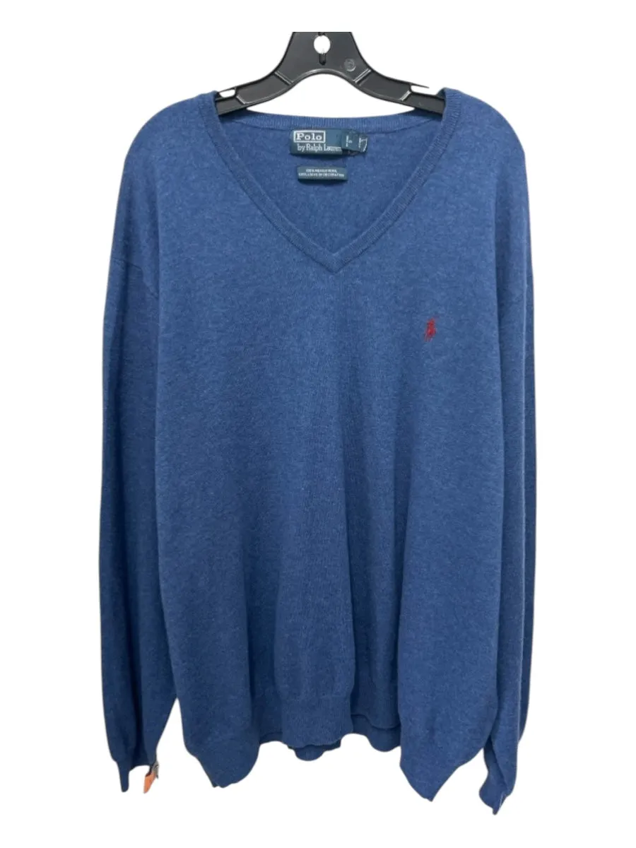 Polo Size 6XL Blue Wool Blend Solid V Neck Men's Sweater