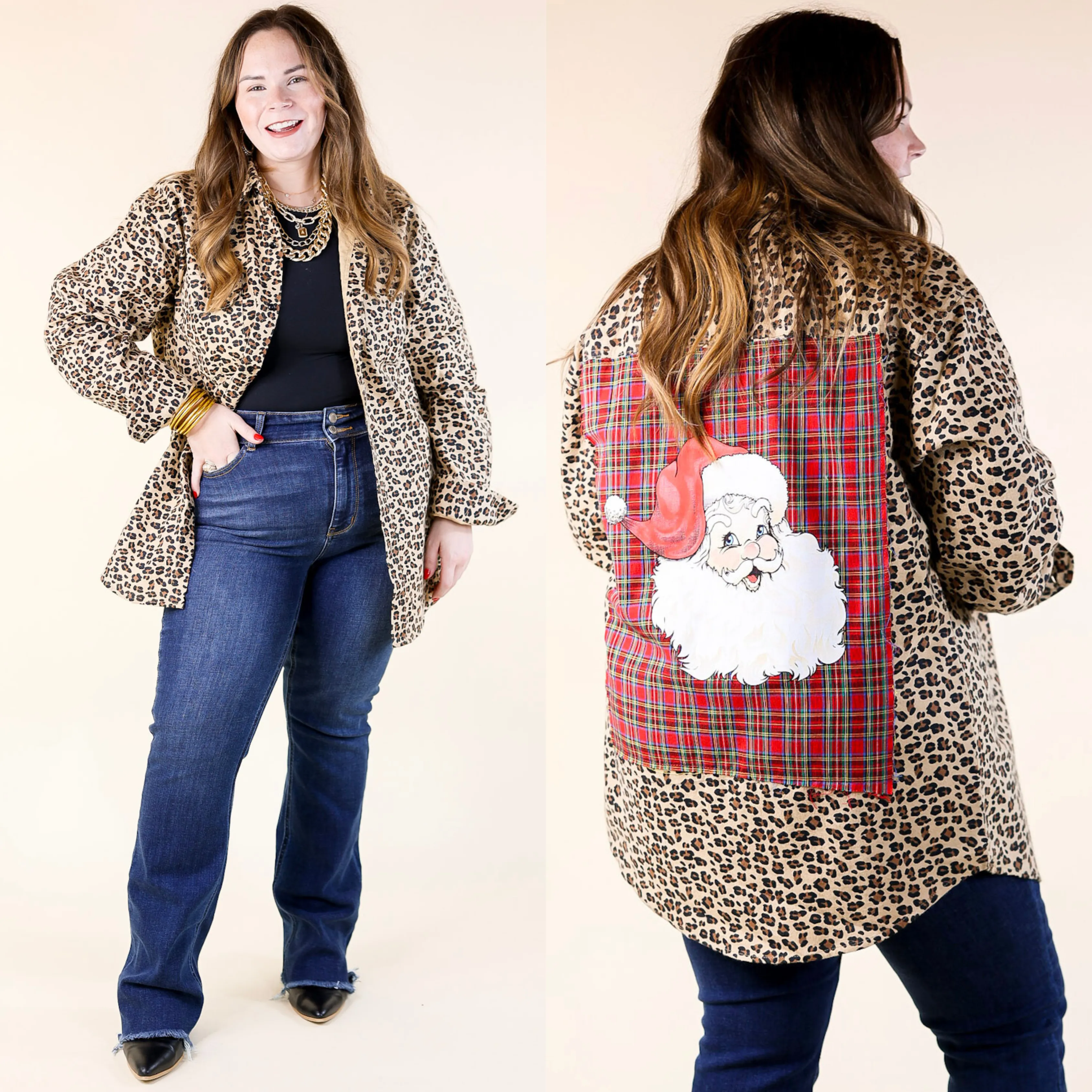 Prettiest In Prints Button Up Leopard Print Flannel Top with Red Plaid and Santa Icon