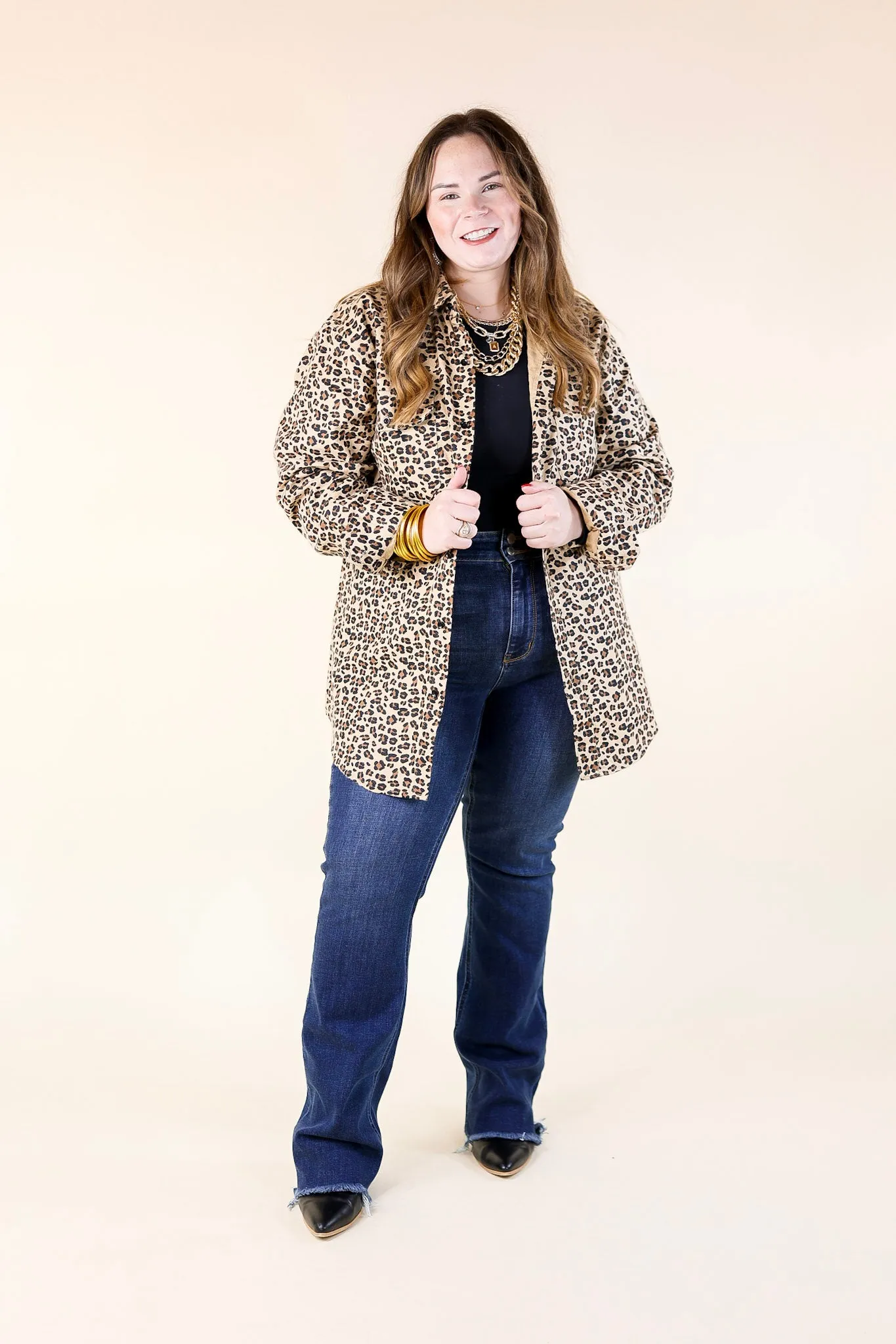 Prettiest In Prints Button Up Leopard Print Flannel Top with Red Plaid and Santa Icon