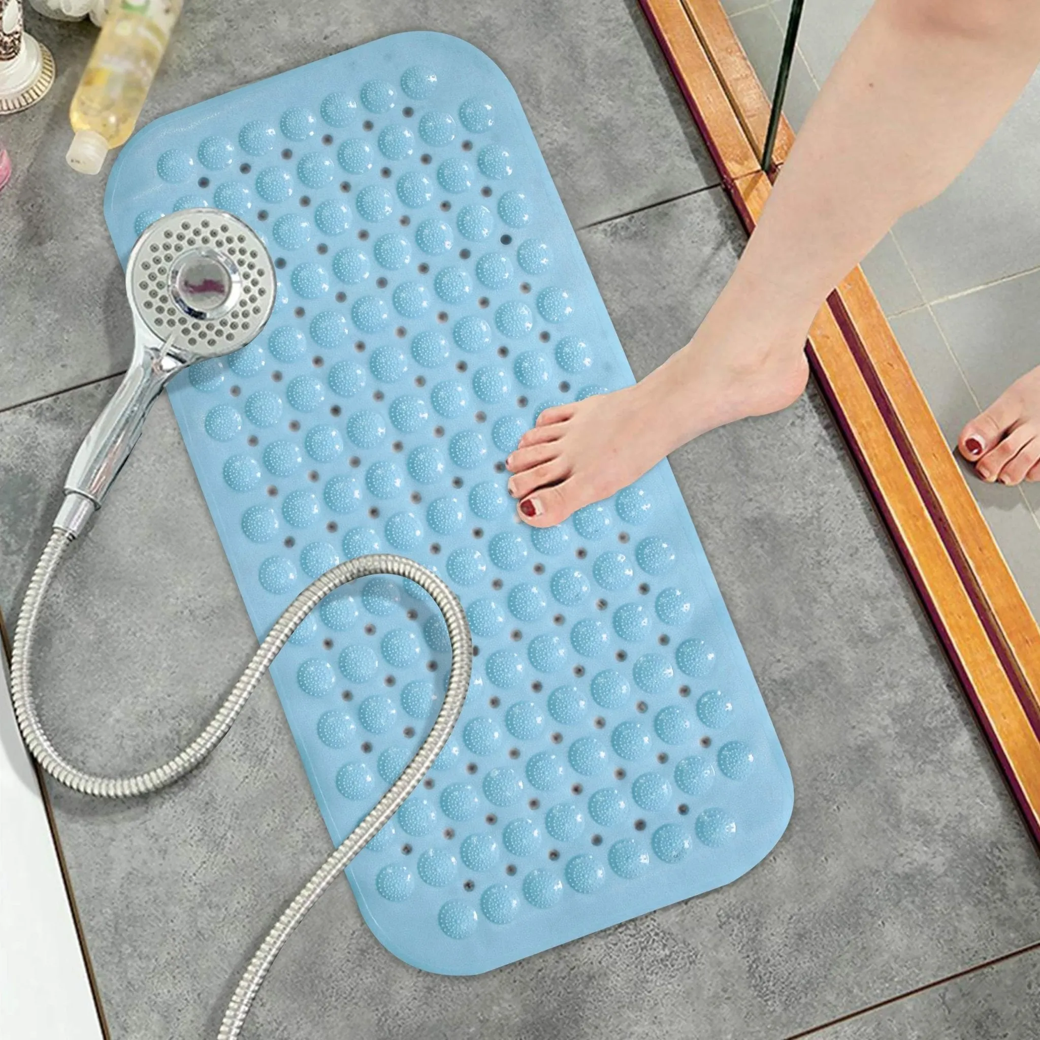 PVC Shower Mat Anti-Slip with Massage Acupressure Points, 36x71 cm, Blue