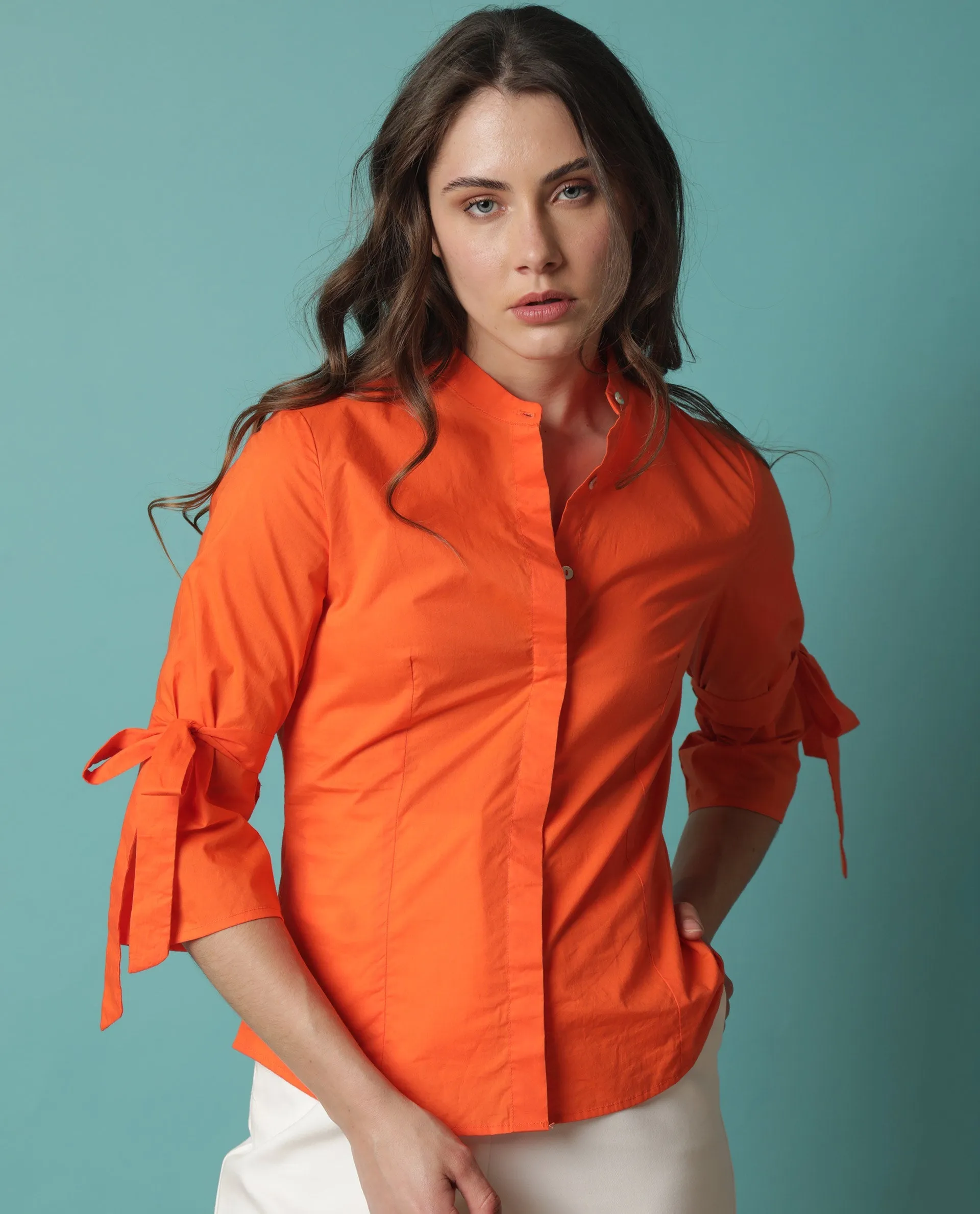 Rareism Women Tips Orange Cotton Fabric 3/4Th Sleeves Button Closure Mandarin Collar Regular Fit Plain Top