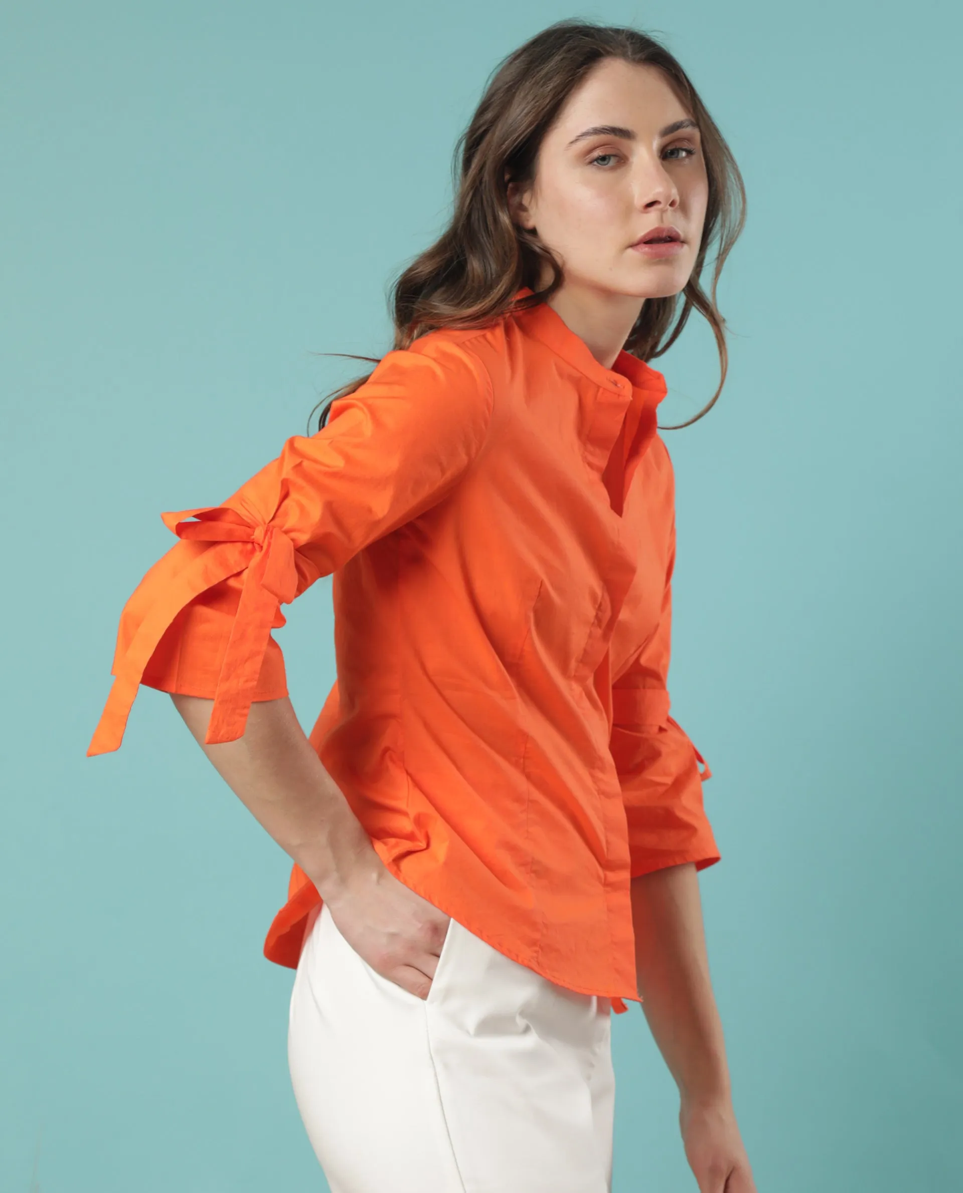 Rareism Women Tips Orange Cotton Fabric 3/4Th Sleeves Button Closure Mandarin Collar Regular Fit Plain Top