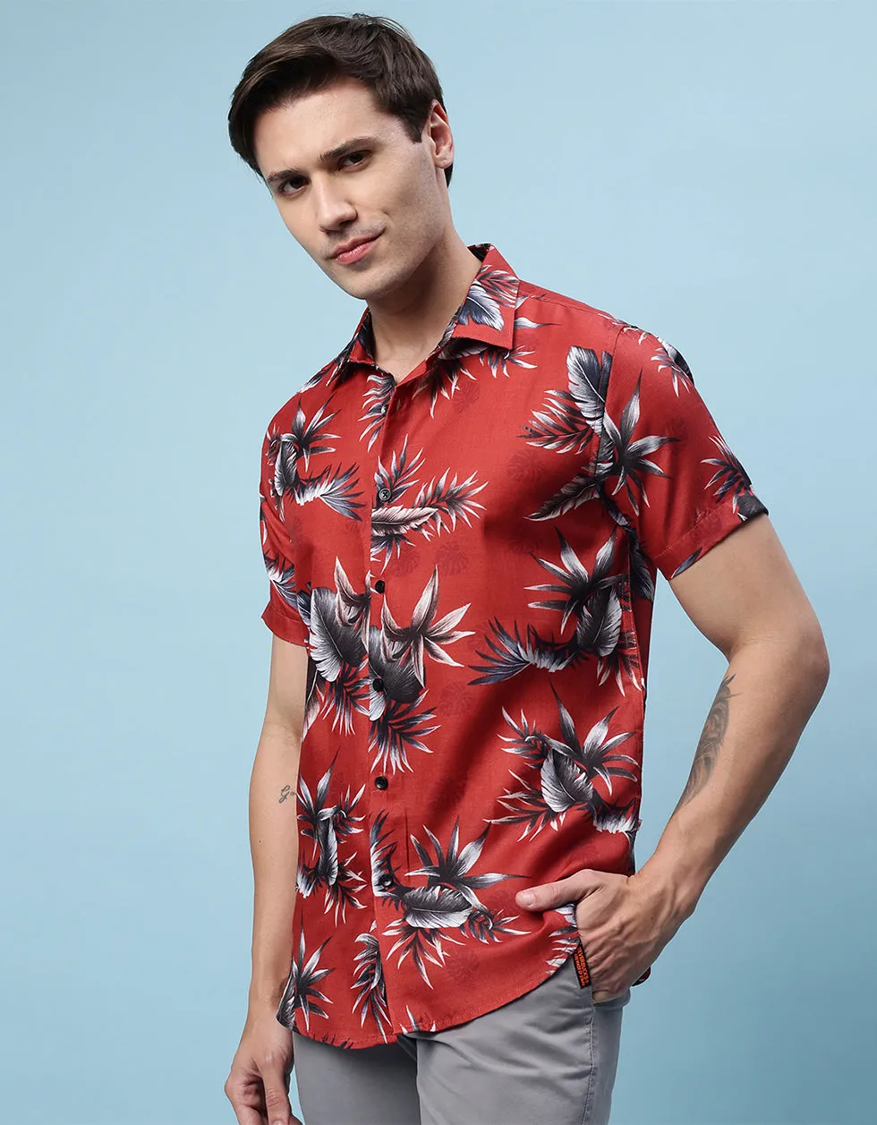 Red Floral Printed Casual Shirt