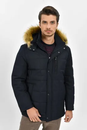 Regular Fit Faux Fur Hooded Navy Coat