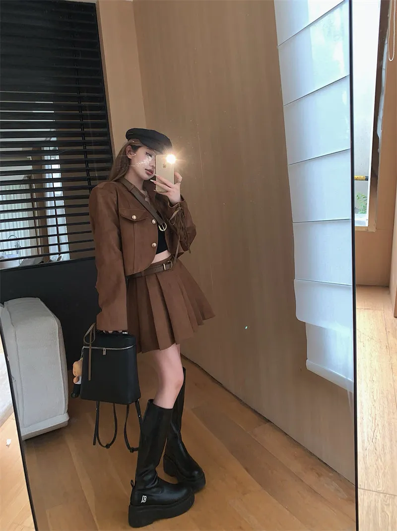 Retro Grunge Industrial Brown Trendy Fall Autumn Jacket Short Pleated Skirt Two Piece Set