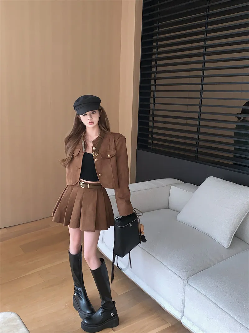 Retro Grunge Industrial Brown Trendy Fall Autumn Jacket Short Pleated Skirt Two Piece Set