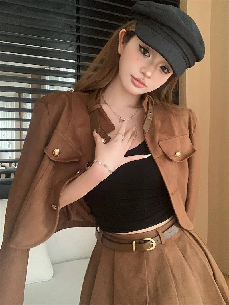 Retro Grunge Industrial Brown Trendy Fall Autumn Jacket Short Pleated Skirt Two Piece Set