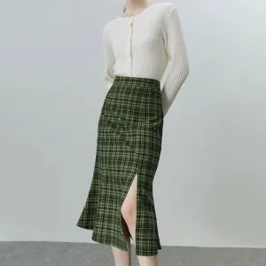 Retro Style Fashionable Plaid Pattern with Side-Slit Fishtail Skirts