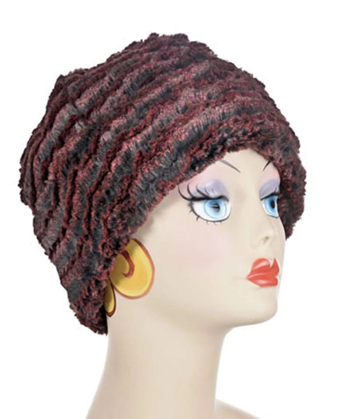 Reversible Beanie Hat - Desert Sand Faux Fur in Crimson, Charcoal and Midnight colors