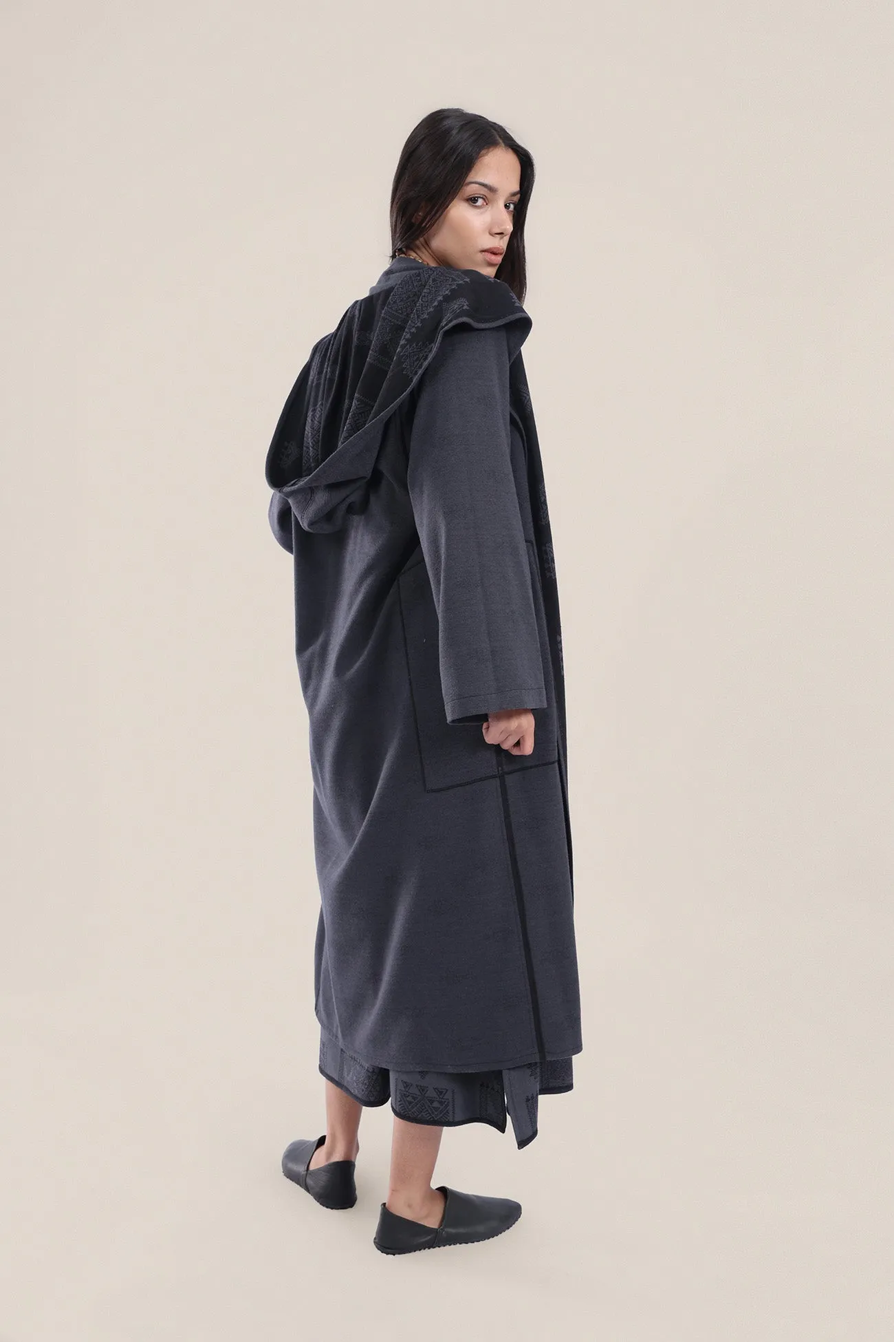 Reversible jacquard coat with hoodie