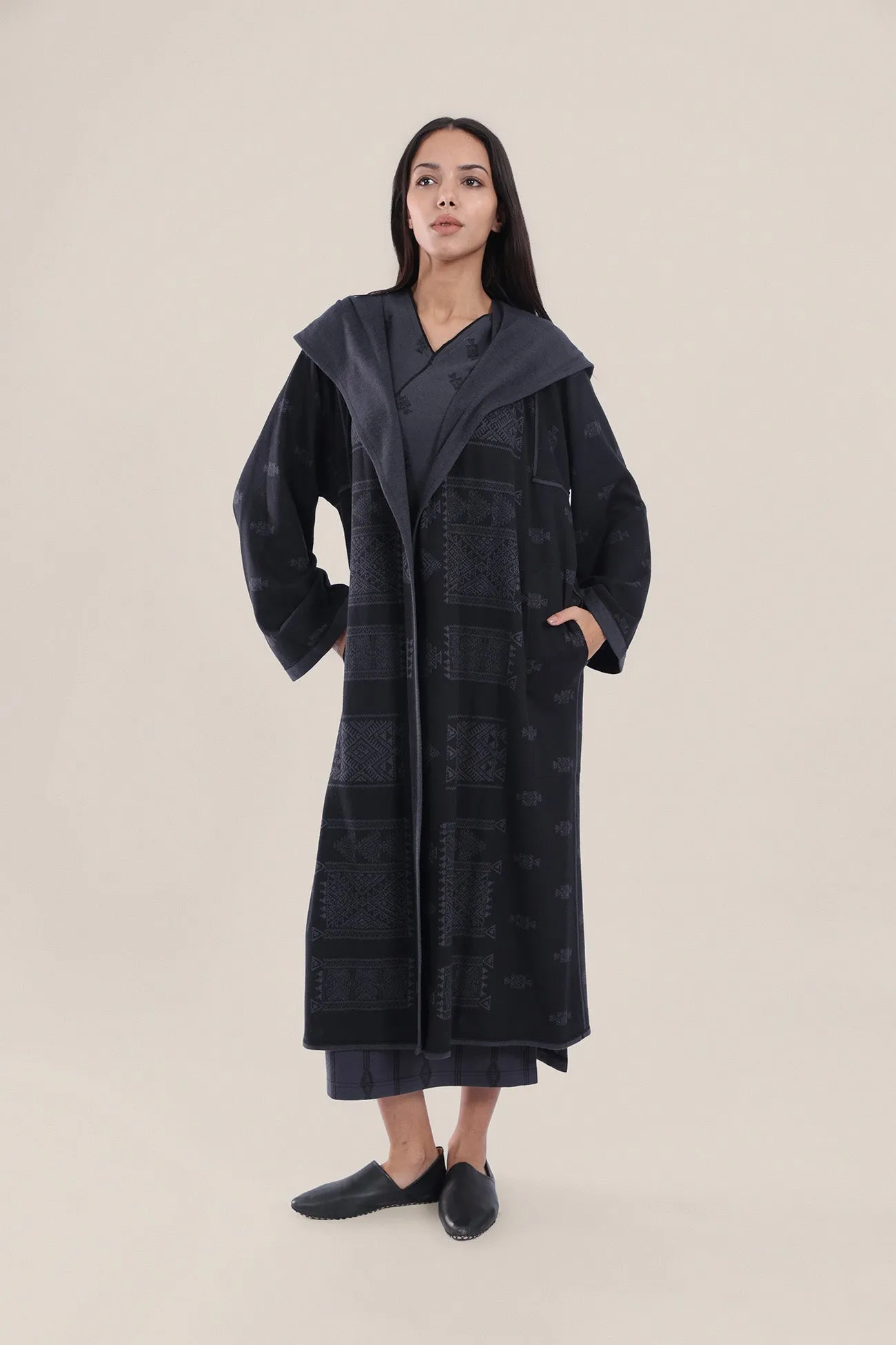 Reversible jacquard coat with hoodie