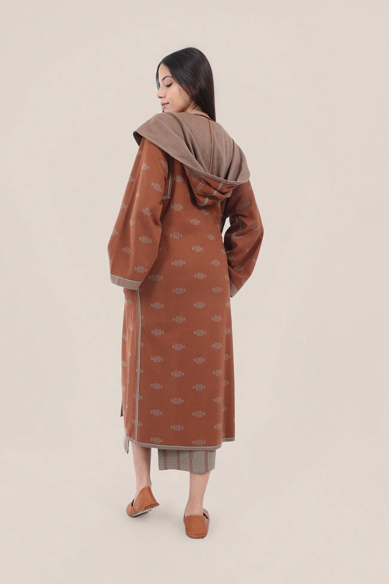 Reversible jacquard coat with hoodie