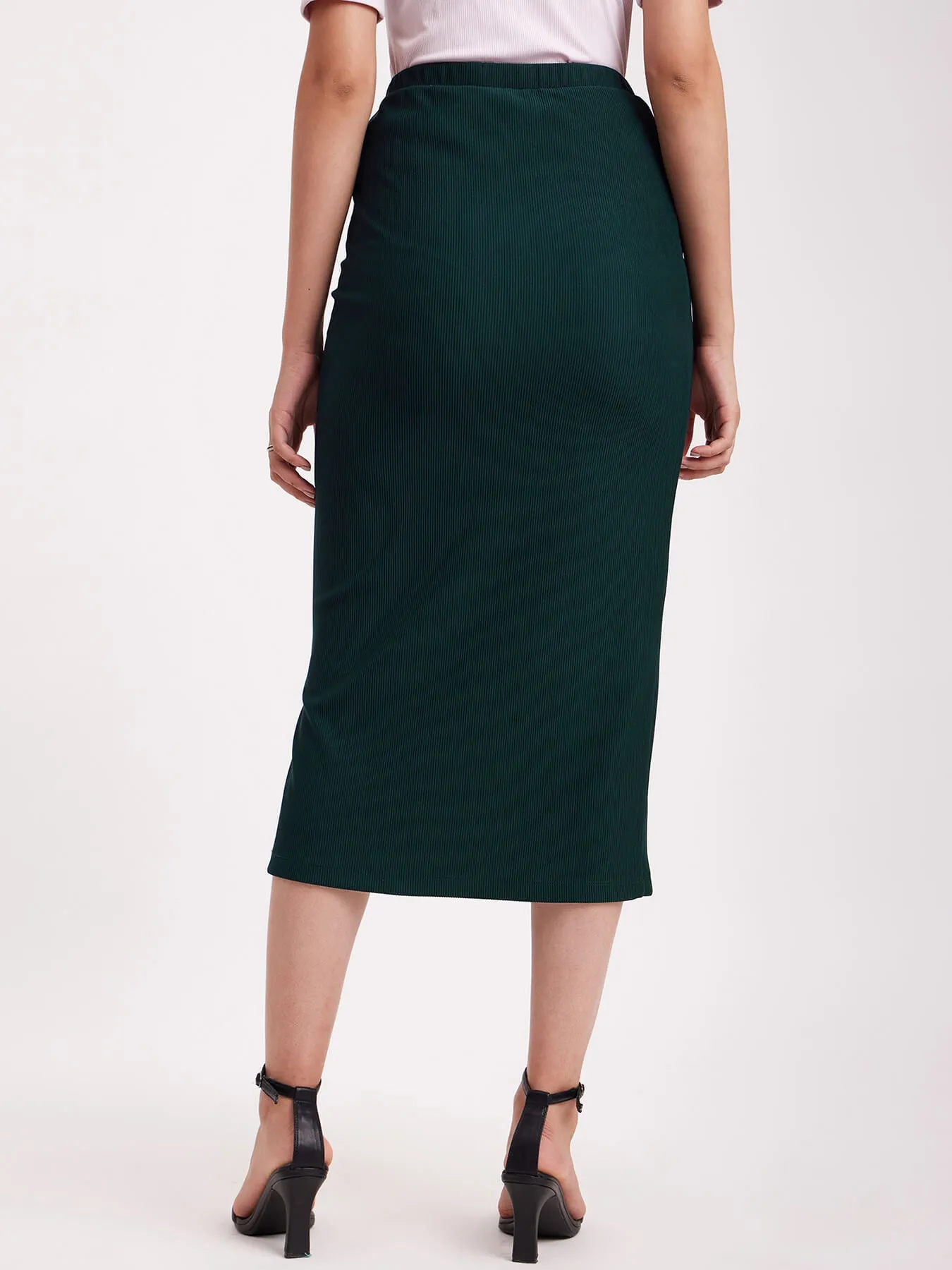 Rib Knit Midi Skirt - Green