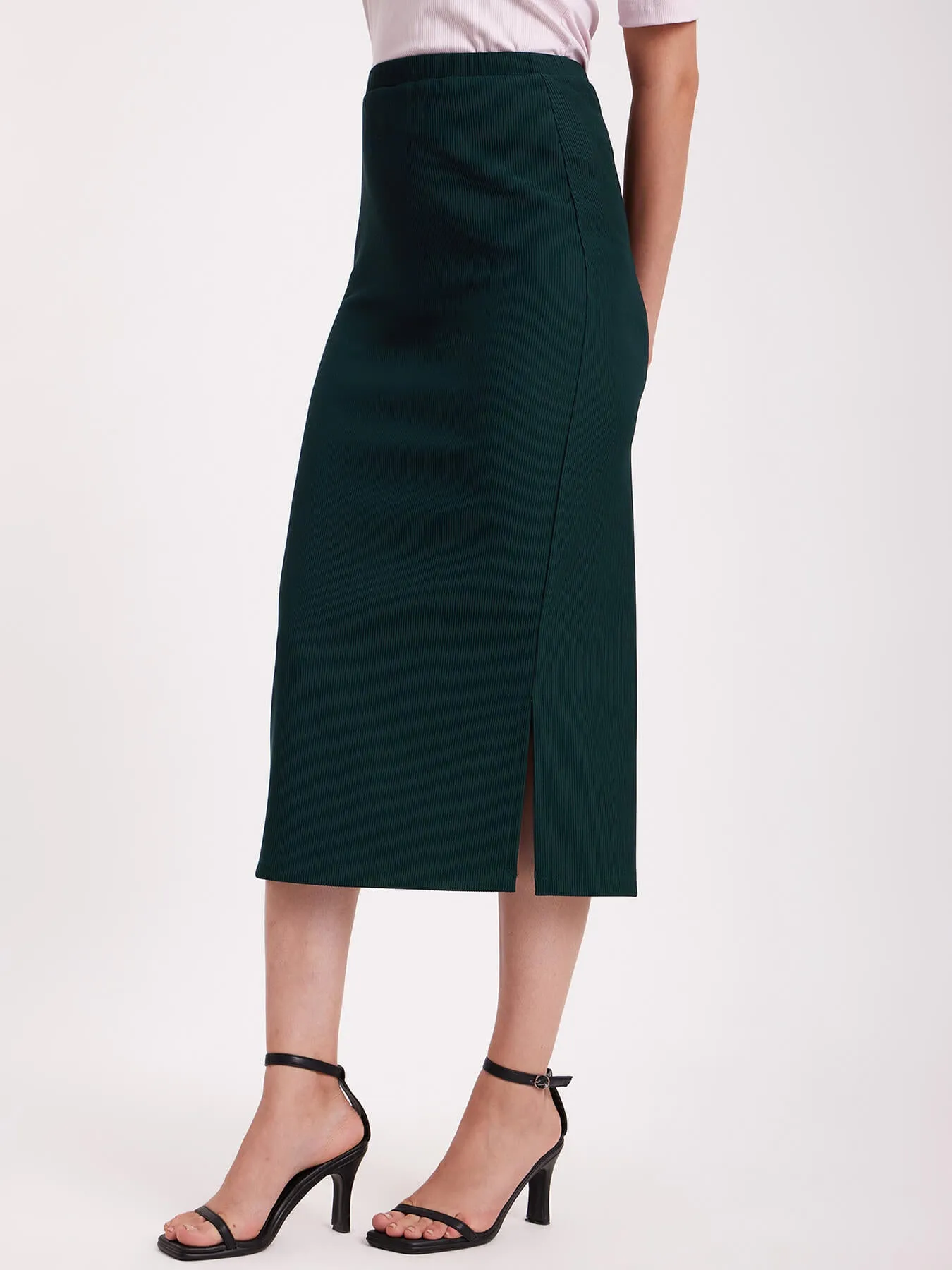 Rib Knit Midi Skirt - Green