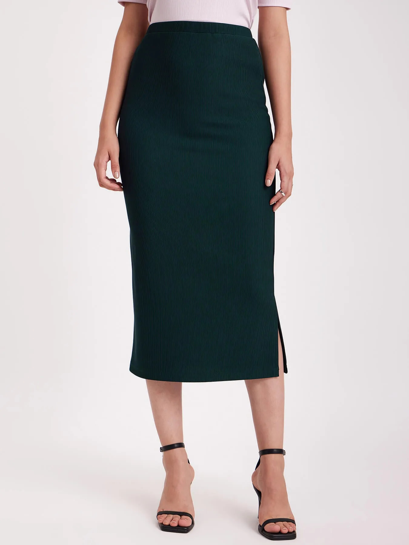 Rib Knit Midi Skirt - Green