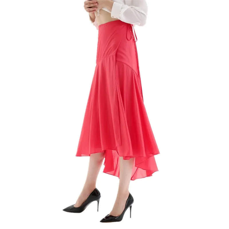 S070 Women solid wrap design panelled asymmetric casual midi skirt