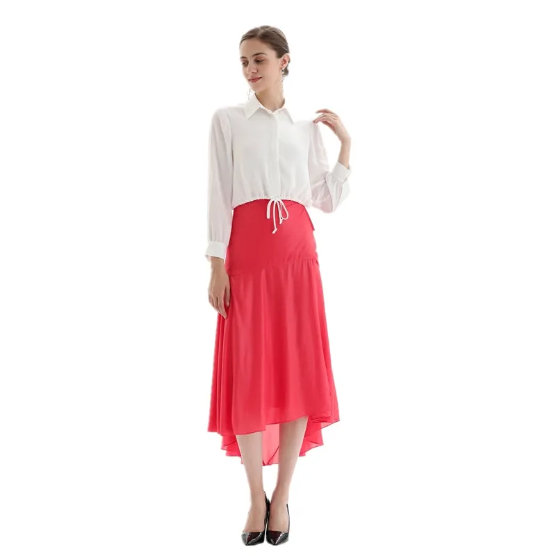 S070 Women solid wrap design panelled asymmetric casual midi skirt