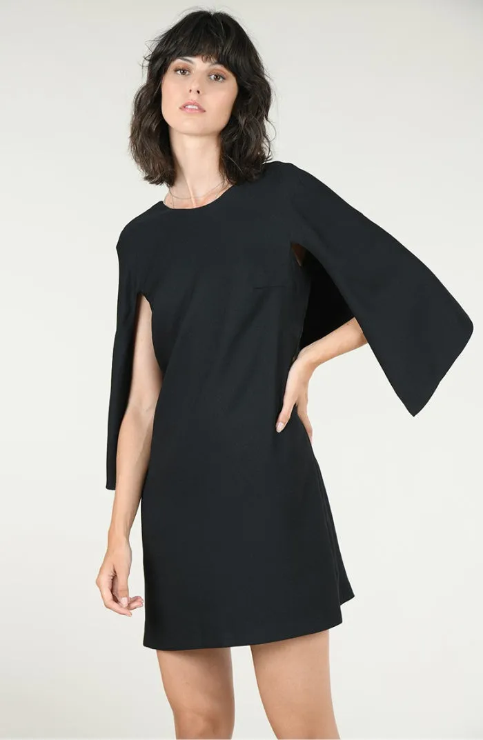 Scoop-Neck Black Shift Dress With Attached Back Cape