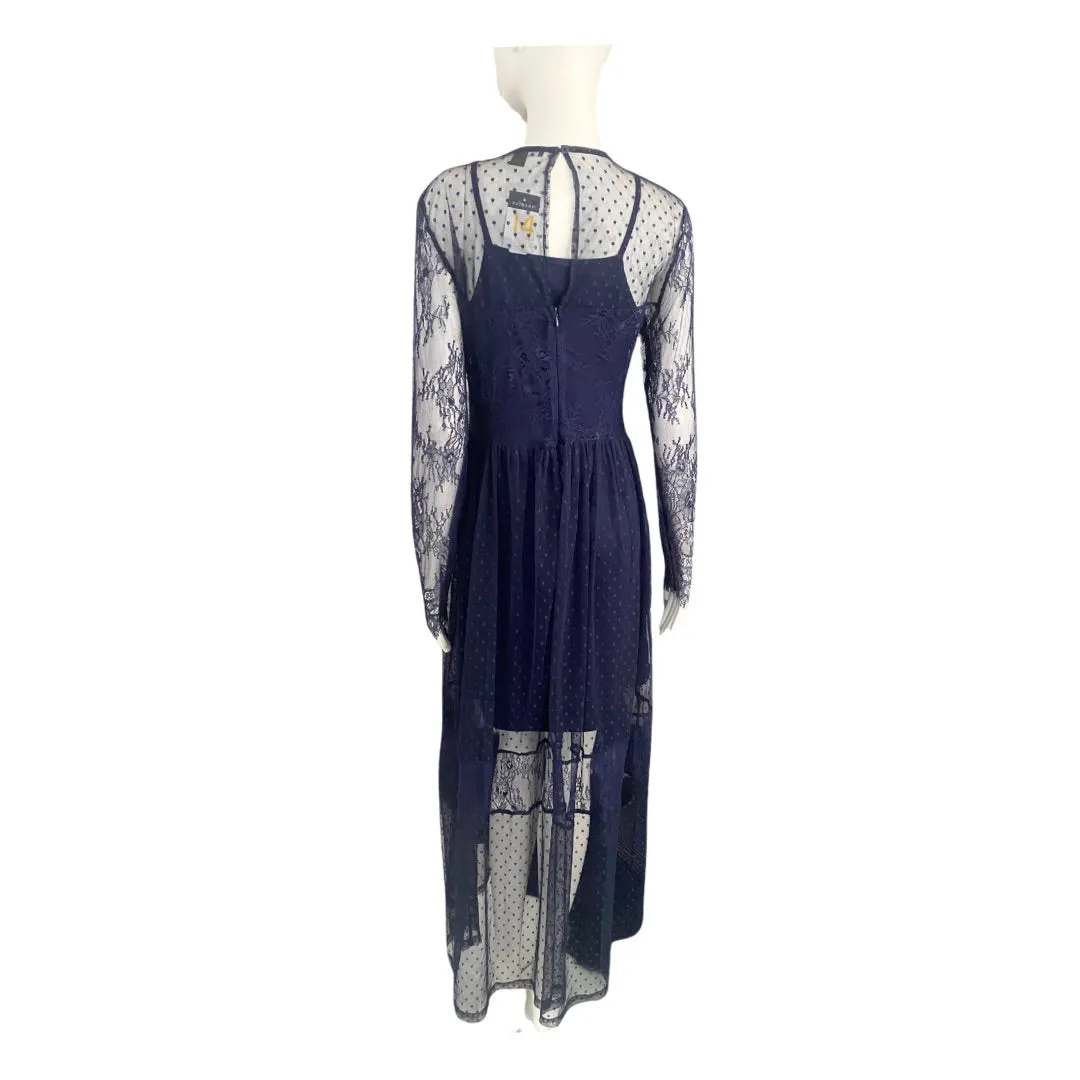 Sheer Lace Polka Dot Maxi Dress Navy SIZE 14