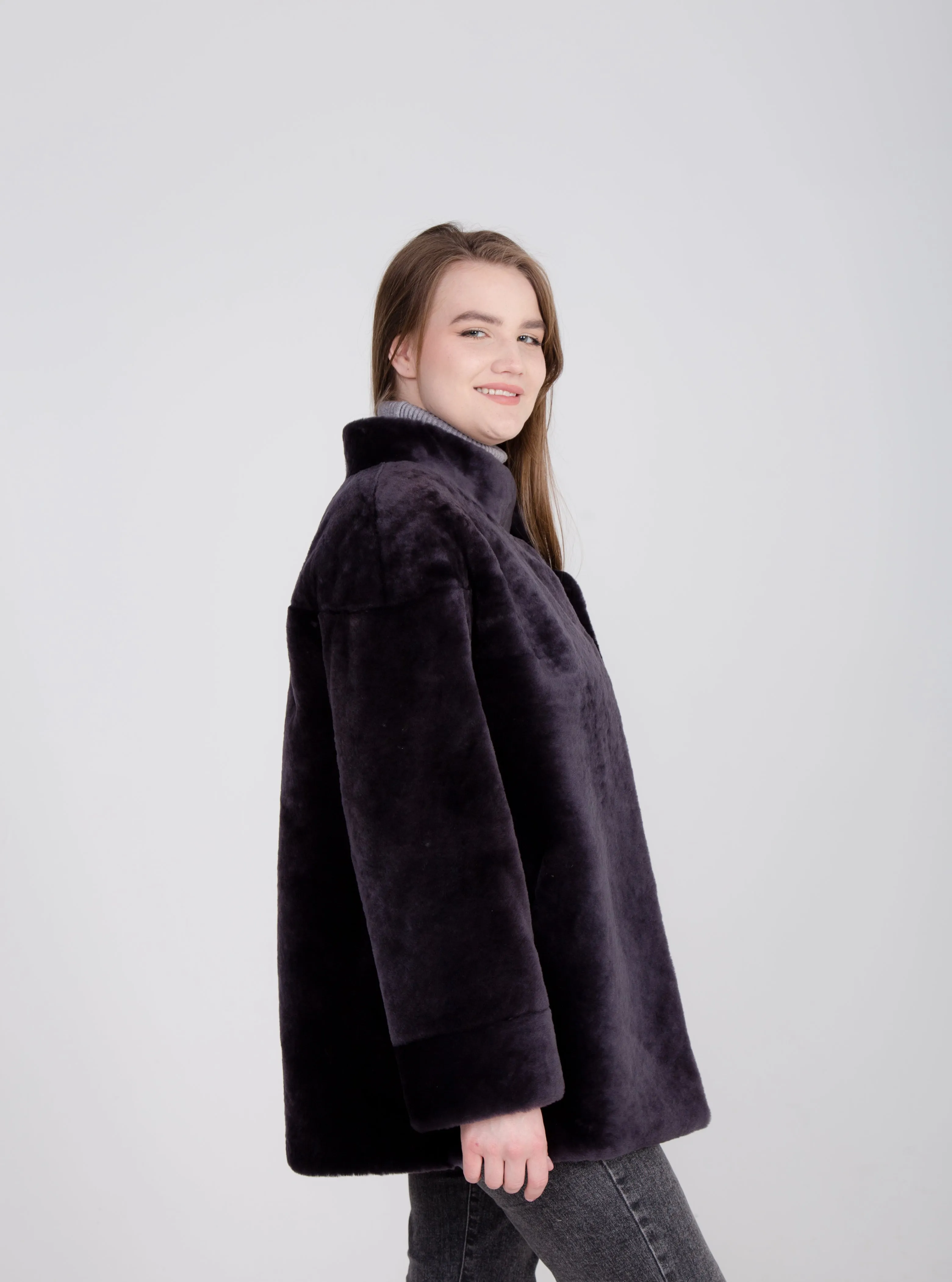 Silky Womens Genuine Shearling Lambskin Jacket with Stand Collar