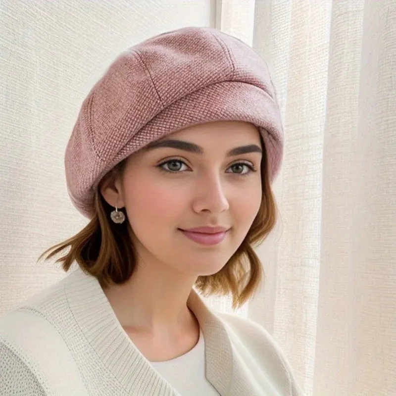 Simple Women Wool Beret for Elegant Lady Winter Female Cotton Hats Plaid Vintage Octagonal Casual Autumn Cap