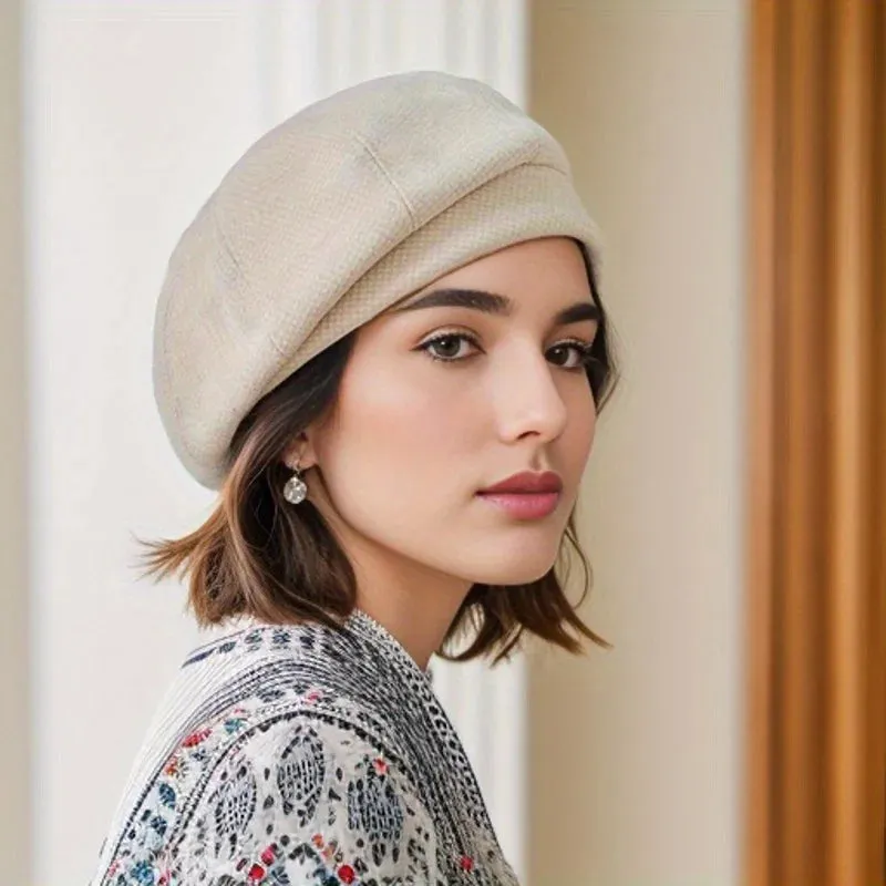 Simple Women Wool Beret for Elegant Lady Winter Female Cotton Hats Plaid Vintage Octagonal Casual Autumn Cap