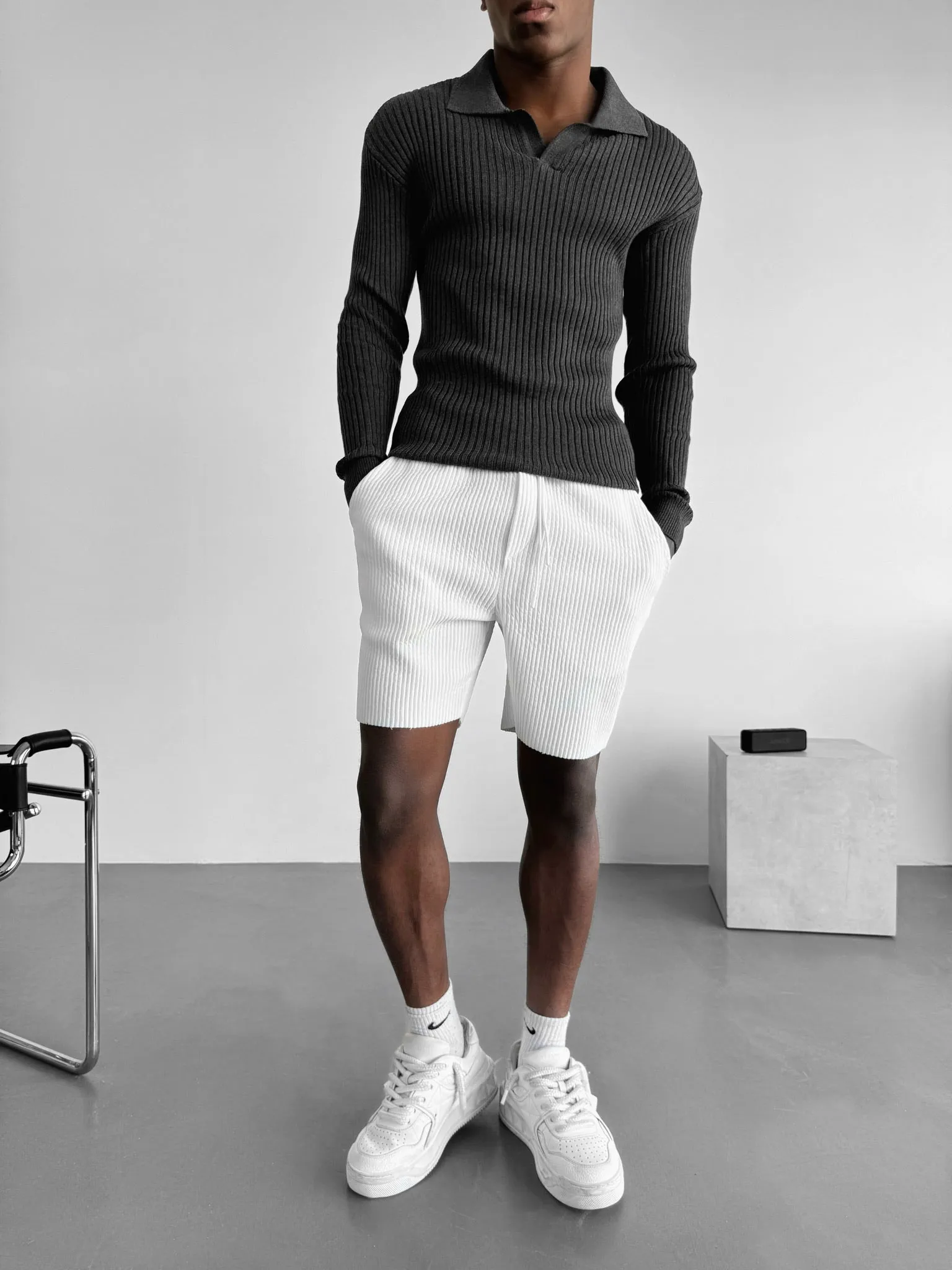 Slim Fit Knit Polo Sweater - Anthracite