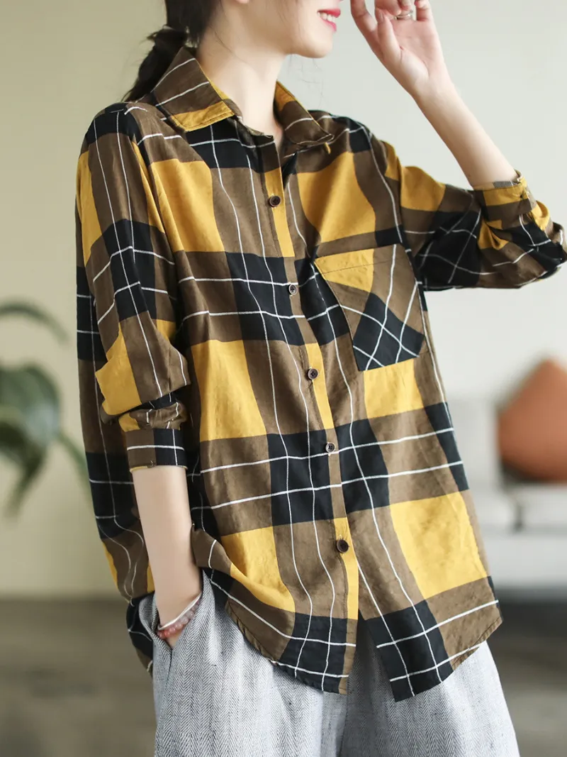 Spring Long Sleeve Stylish Lapel Plaid Loose Causal Shirt Dress