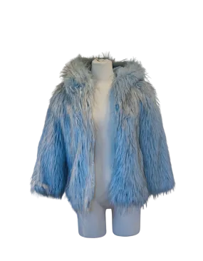 Steel Blue and Sparse Black Accent Mixed Faux Fur Coat with Hood