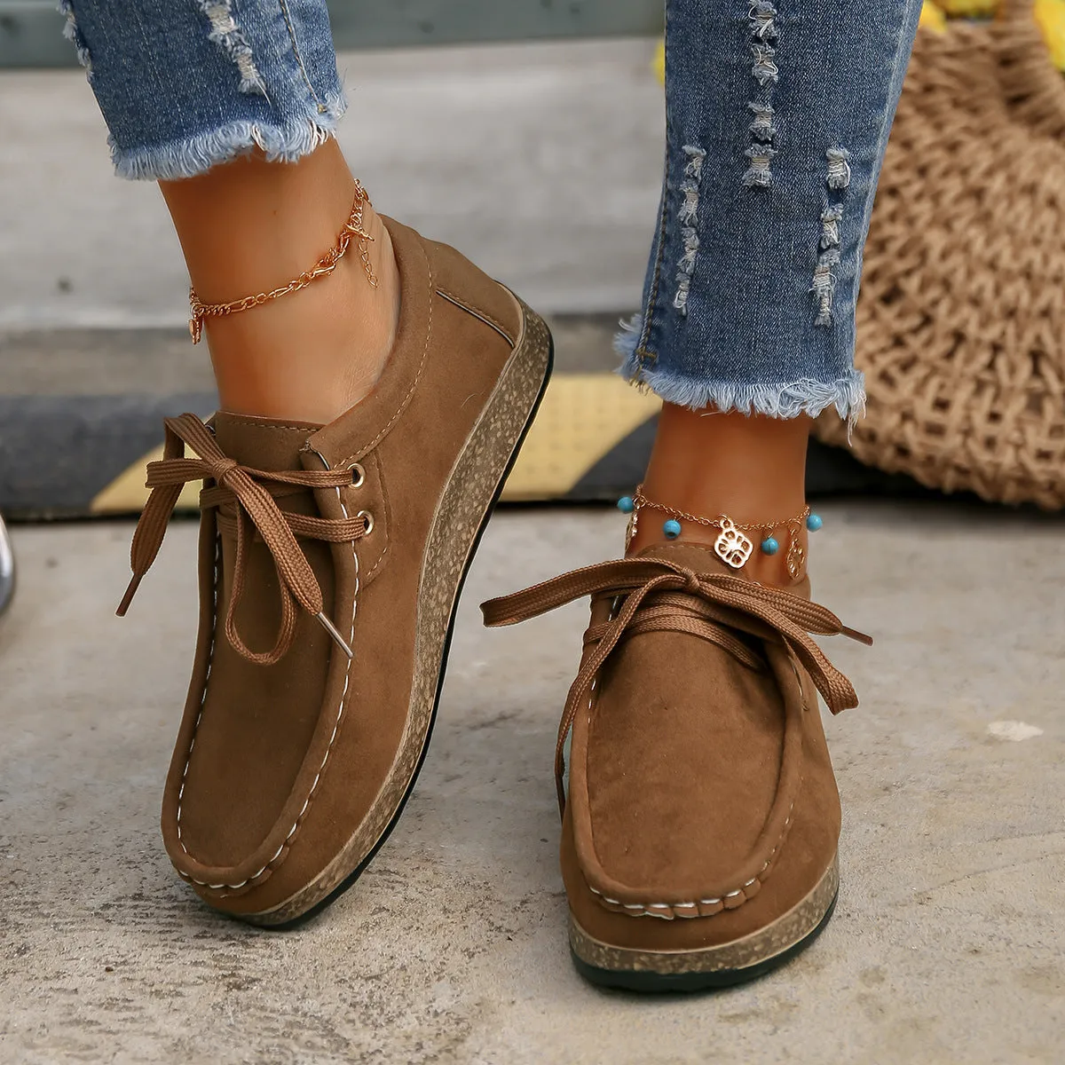 Suede Lace-Up Flat Slip-Ons